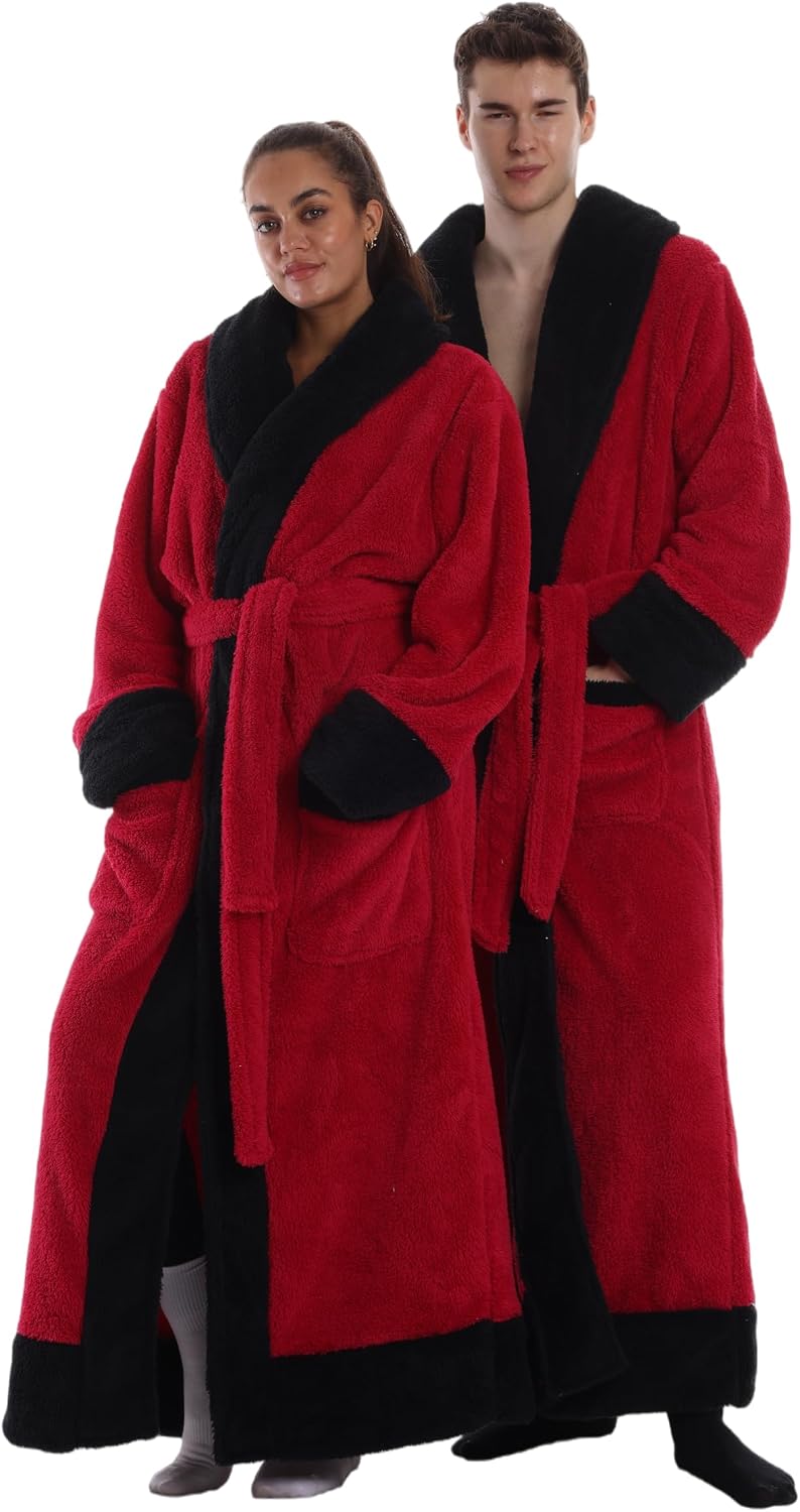 Capecage Bathrobe for Men Women, Long Flannel Soft Cozy One Size with Hood & Pockets, Warm Belted Housecoat for Spa Lounge
