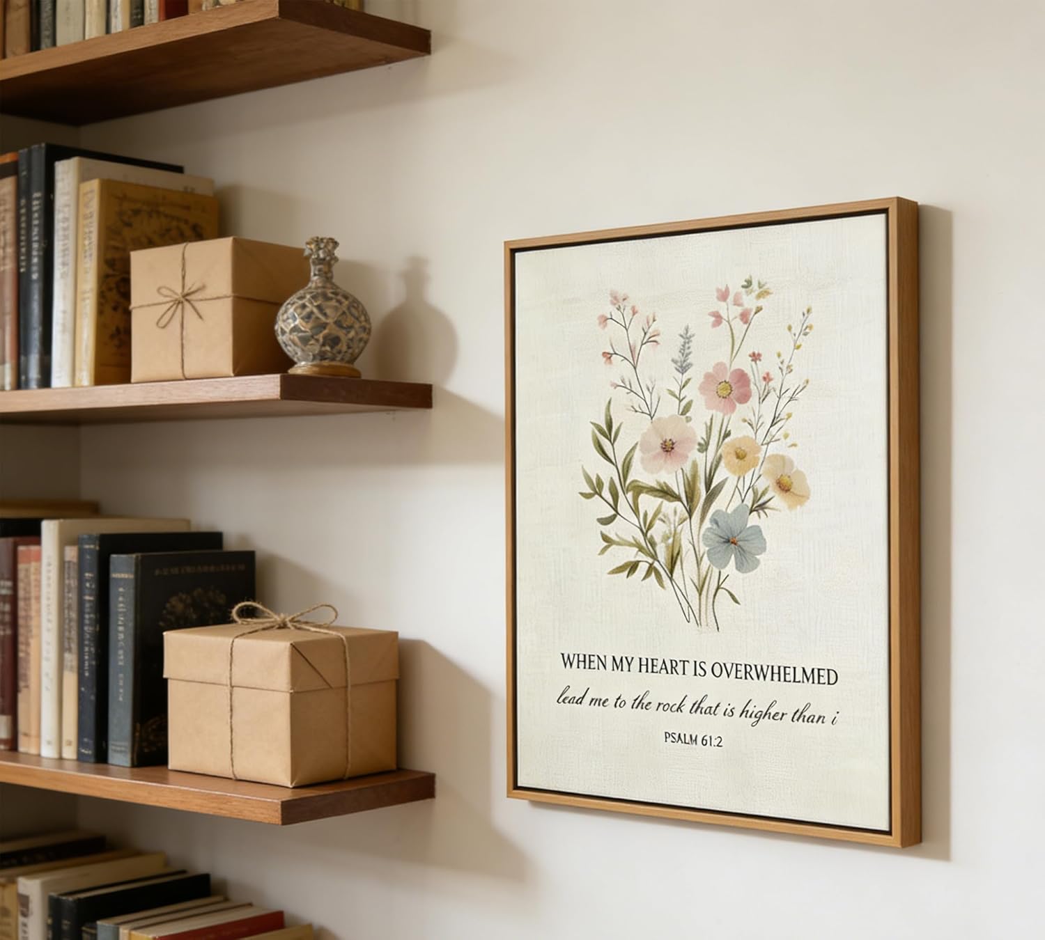 When My Heart is Overwhelmed - Psalm 61:2 Framed Canvas Wall Art, Watercolor Wildflower Bible Verse Print, Christian Religious Wall Decor for Bedroom Living Room, 12x16 Inch Natural Wood Frame