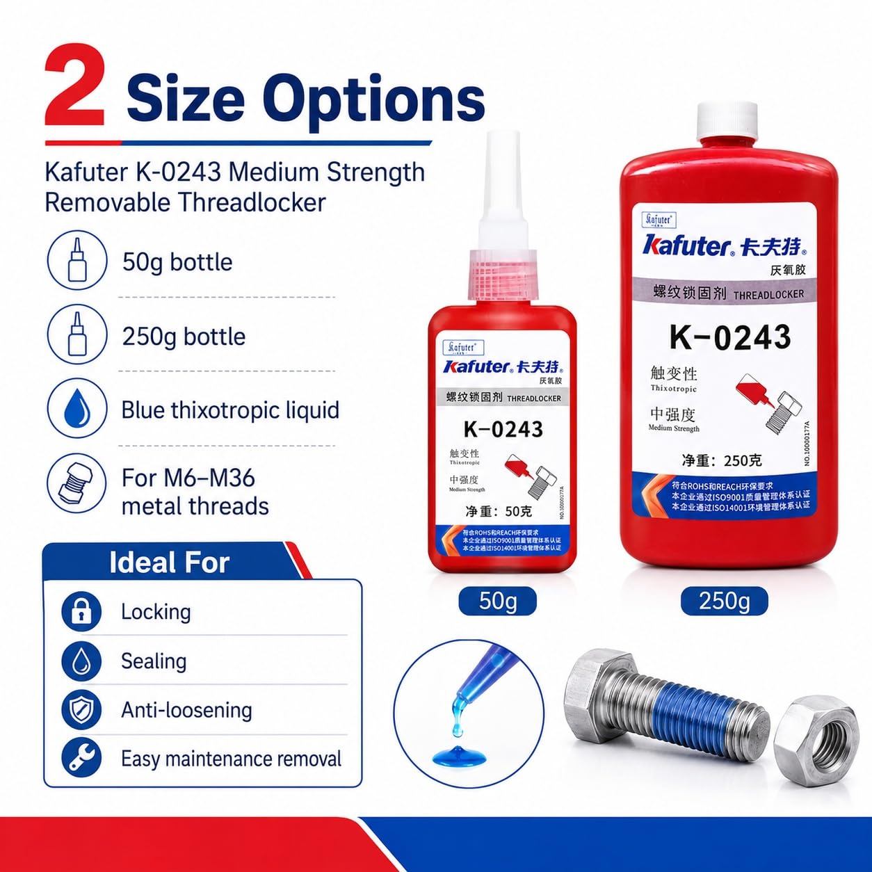 VIDOO Kafuter K-0243 Sellador Carcasa Cojinete Antiaflojamiento, Masilla Selladora Fisuras para Sistemas Tuberías a Prueba Óxido, Gel Rosca Removible Maquinaria Laboratorio, 250g