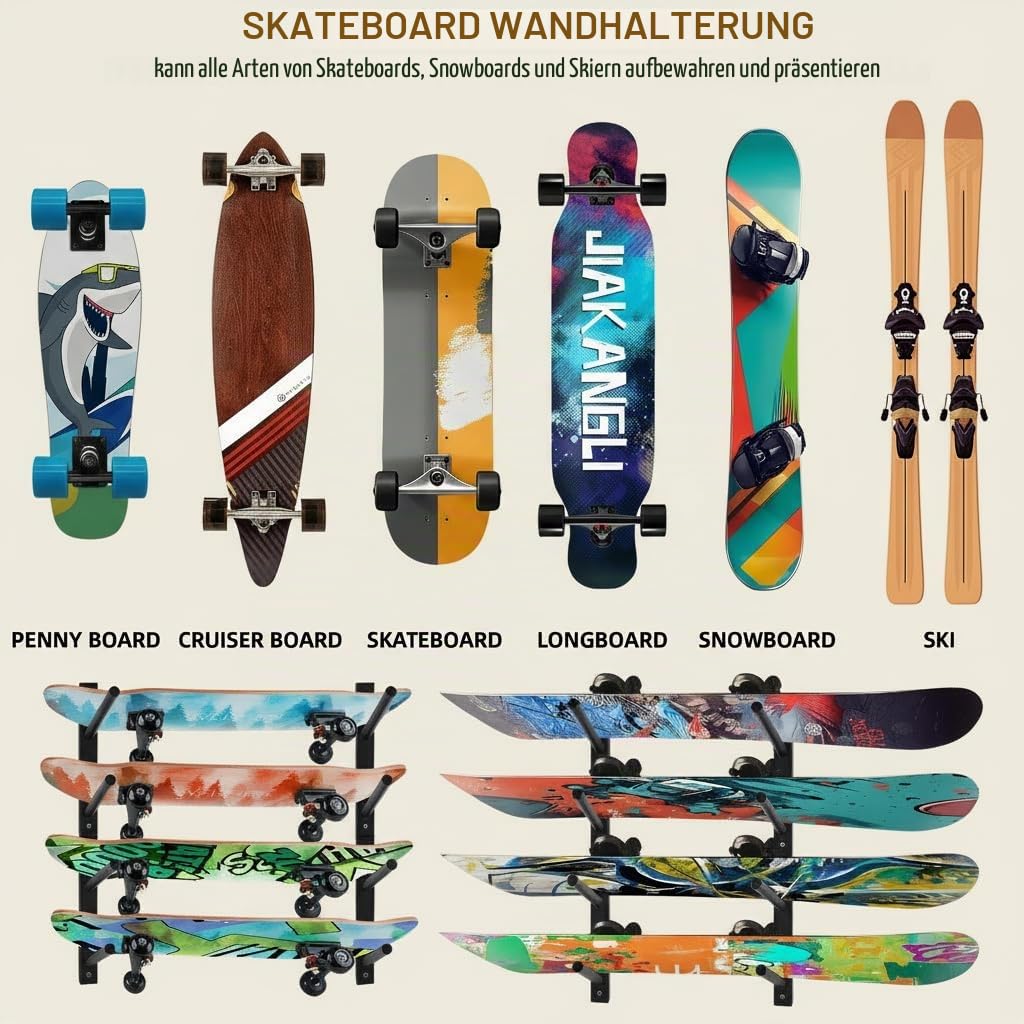 Bijun Wandhalterung für Skateboards, Wandaufsteller für Snowboard, Wandhalter für Ski, Horizontal, Wandhalter für Skateboard und Longboard