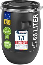 plasteo 60 Litre Wide Neck Barrel with Lid and Clamping Ring in Black, Food-Safe, BPA-Free, Feeding Bin, Water Barrel, Storage Barrel, Universal Barrel, Plastic Barrel (Black, Round)