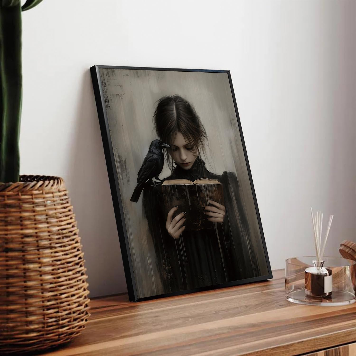 WOKAOGO Black Framed Wall Art Girl Reading Wall Decor Dark Academia Canvas Art Gothic Pictures Vintage Paintings Victorian Prints Moody Artwork for Library Bedroom