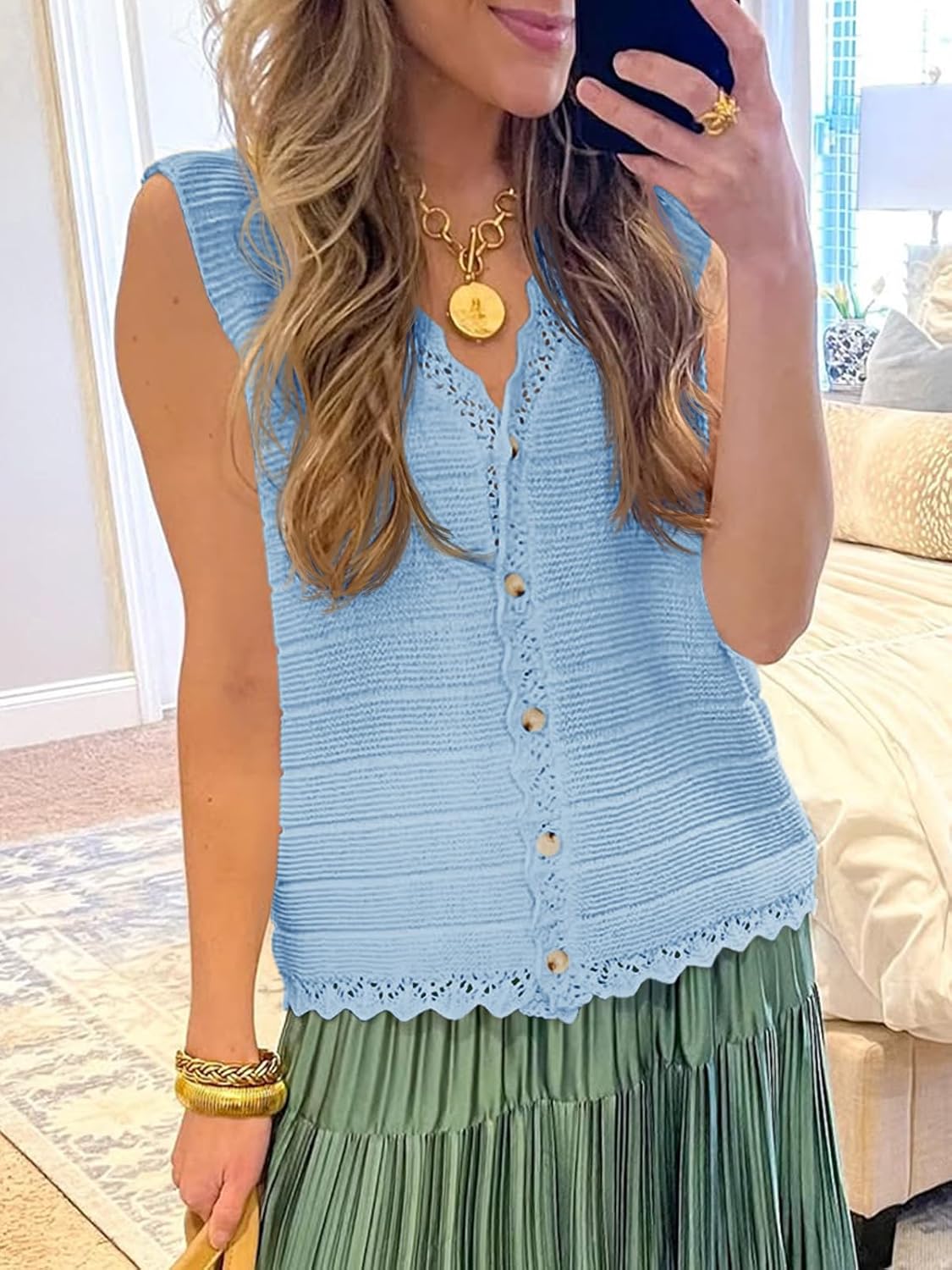 Saodimallsu Womens Sleeveless Sweater Vest V Neck Button Down Casual Loose Knit Summer Trendy Tank Tops - Image 4