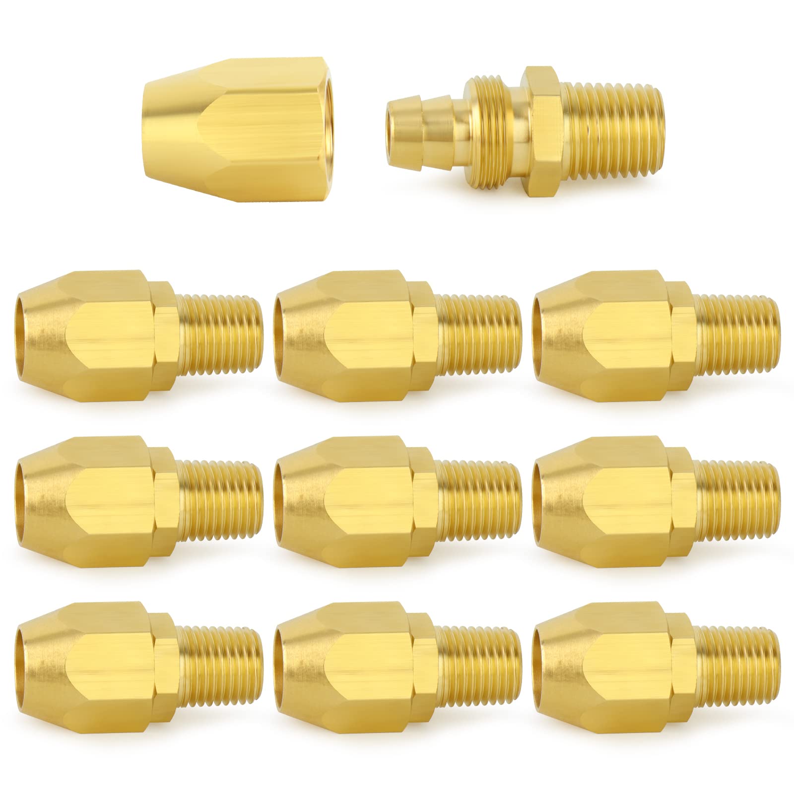 ChillWaves Brass Pneumatics Reusable Replacement Fitting，Hose-End Repair Fitting 3/8" ID Hose（3/8" Barb）x 1/4" NPT Rigid(10-PACK)