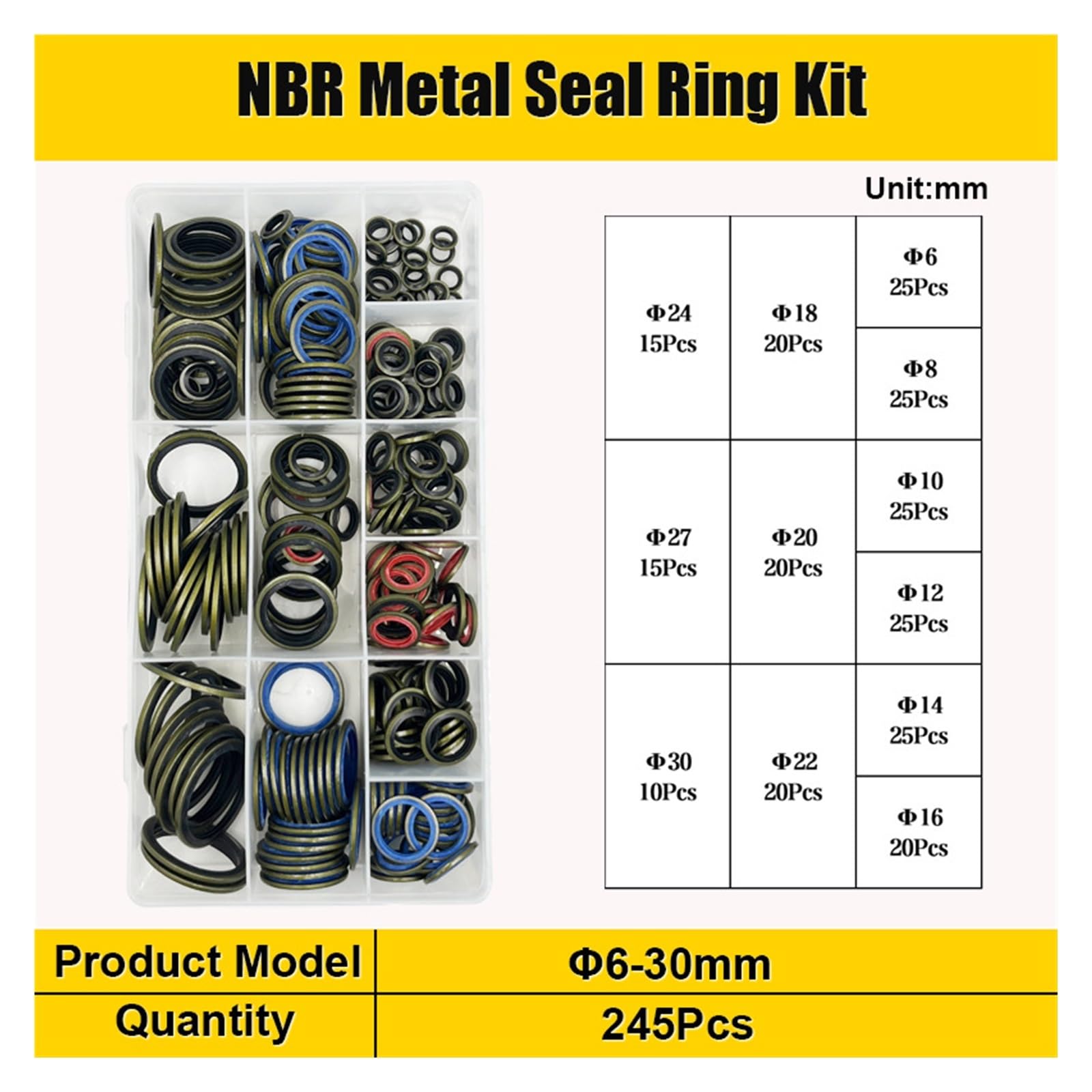 245/100 piezas Junta de sellado de tubería de aceite de caucho hidráulico Kits surtidos de anillo de sello de metal NBR Junta de goma de anillo de sello de tubería de aceite(245pcs(1 set))