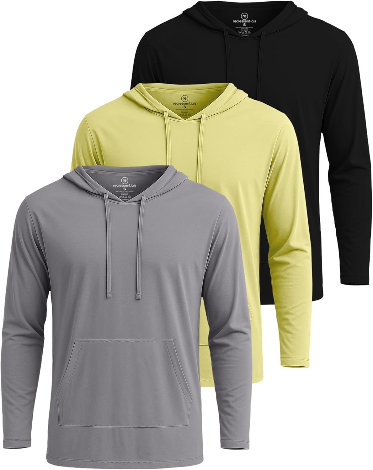 Real Essentials 3 Pack: Men's Cotton Lightweight Casual Pullover Drawstring Hoodie With Pocket (Available In Big & Tall)