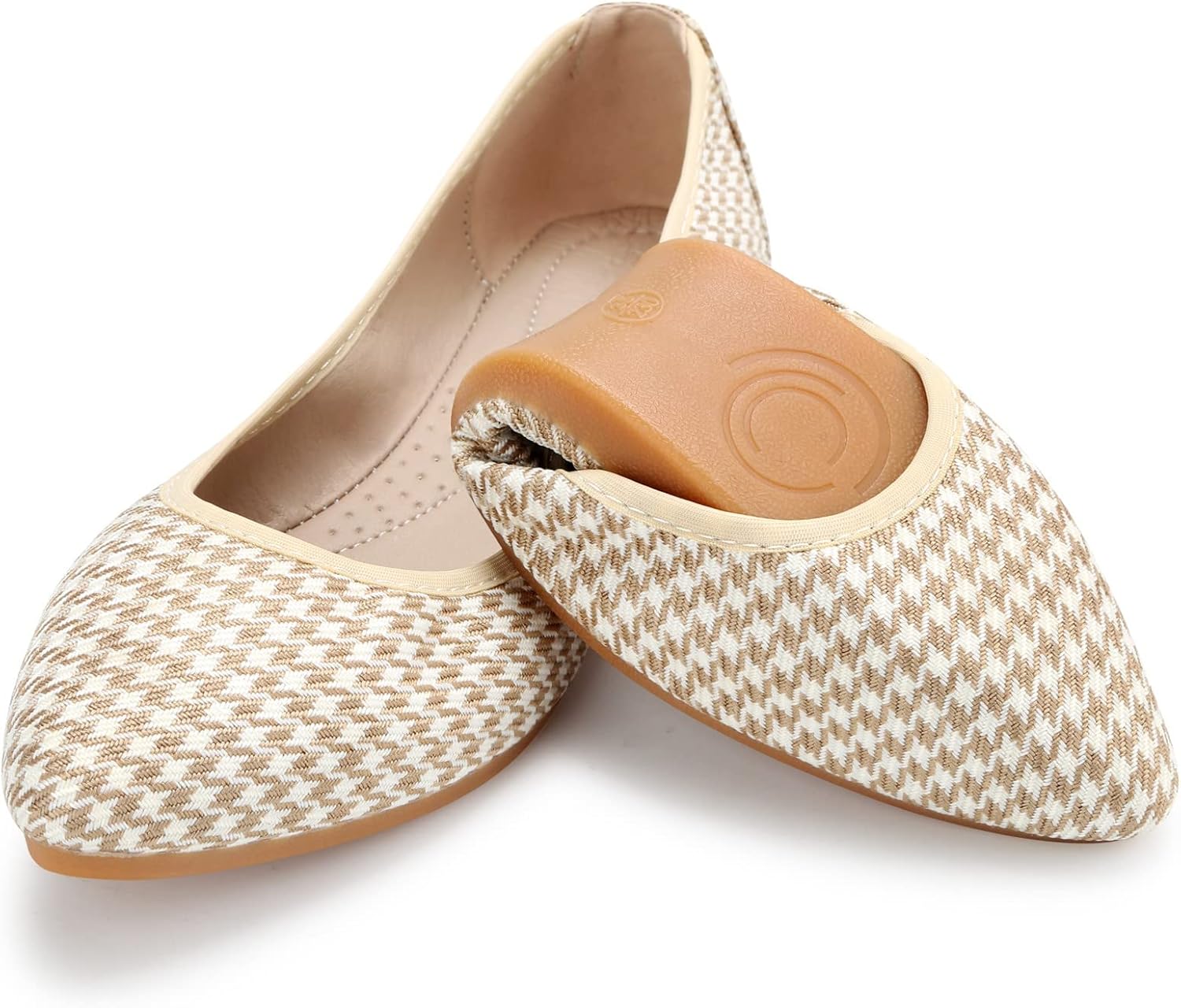 KUNWFNIX Women's Ballet Flats Foldable Classic Crown Rhinestone Slip On Flowers PU Leather Pointed Toe Comfort Flat Casual Dress Shoes 10.5 #05-apricot