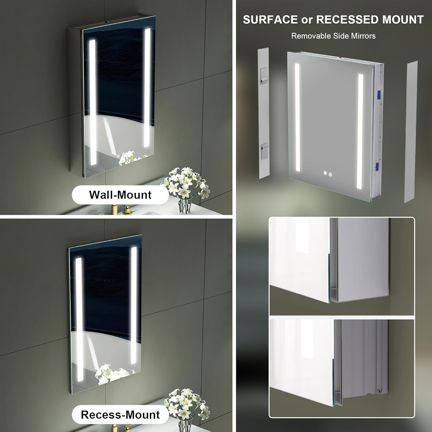 WELLFOR 20" X 30" LED Medicine Cabinet with Mirror, Single Left Opening Door, Recessed or Surface Cabinet Mirror, Bathroom Mirror Cabinet, Medicine Cabinet with Lights with Outlets & USB Ports