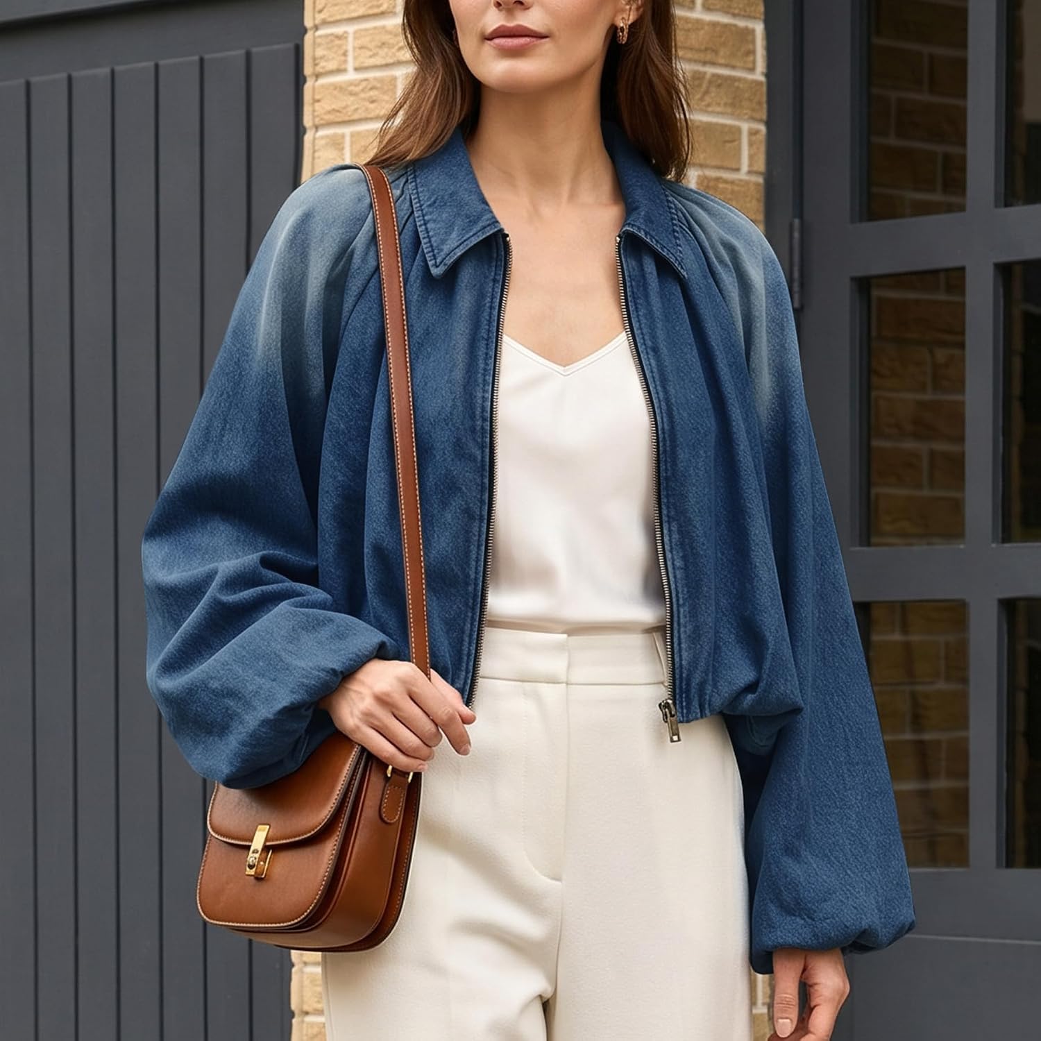 Women's Cropped Denim Bomber Jacket Collared Zip Up Balloon Sleeve Loose Fit Coat
