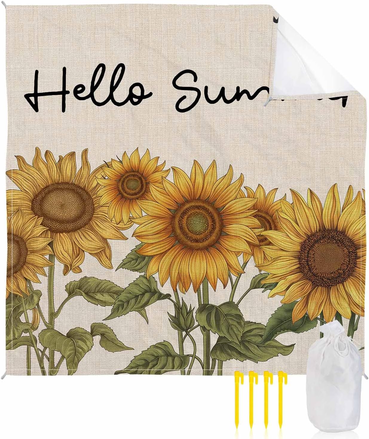 Hello Summer Blossom Sunflower Beach Blanket Waterproof Sandproof Outdoor Picnic Mat 83"x79" Retro Floral Green Leaves on Linen Lightweight Large Beach Blankets with 4 Stake & 4 Corner Pockets