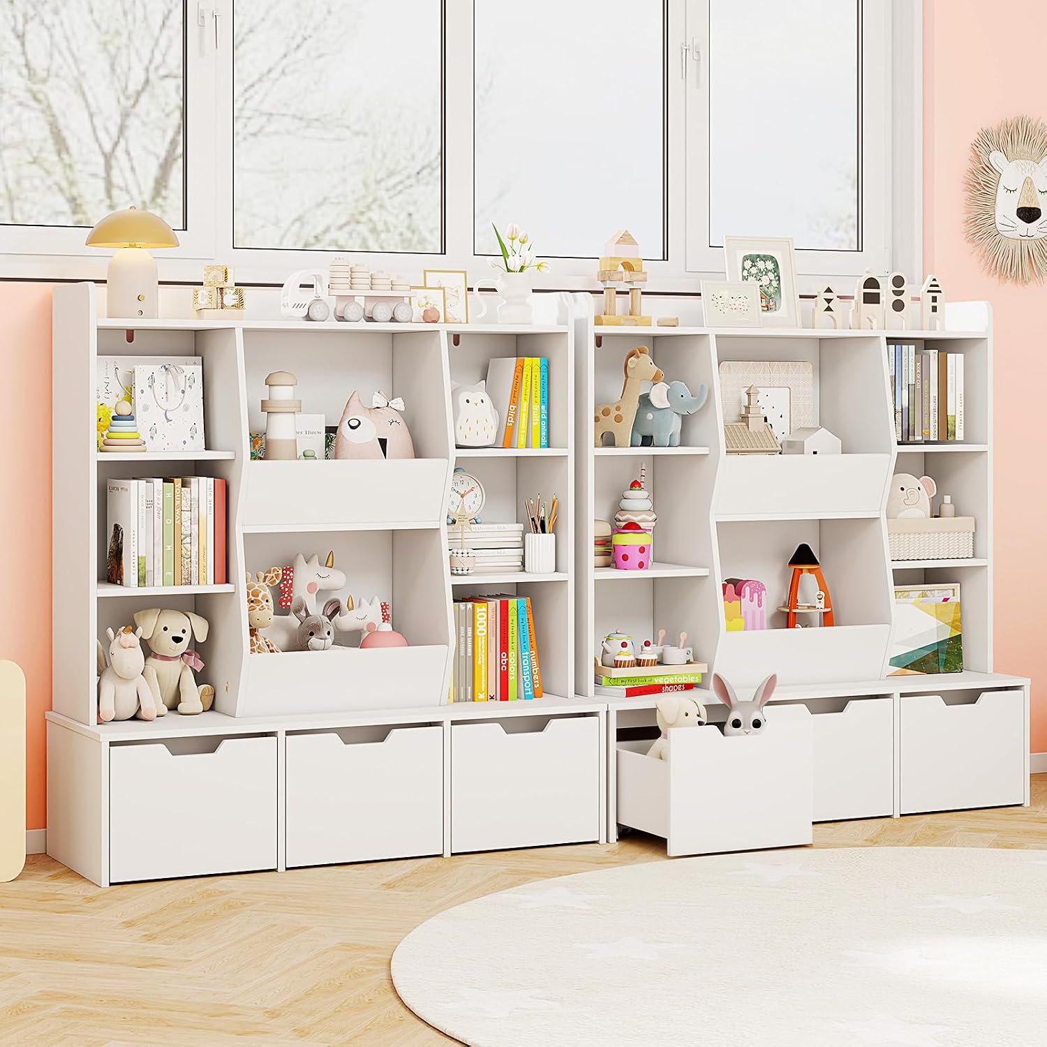 KOTEK Toy Storage Cabinet, Large Toy Box with 3 Movable Drawers & 8 Storage Cubbies, Kids Bookshelf and Toy Organizer for Living Room, Playroom, Nursery (White)