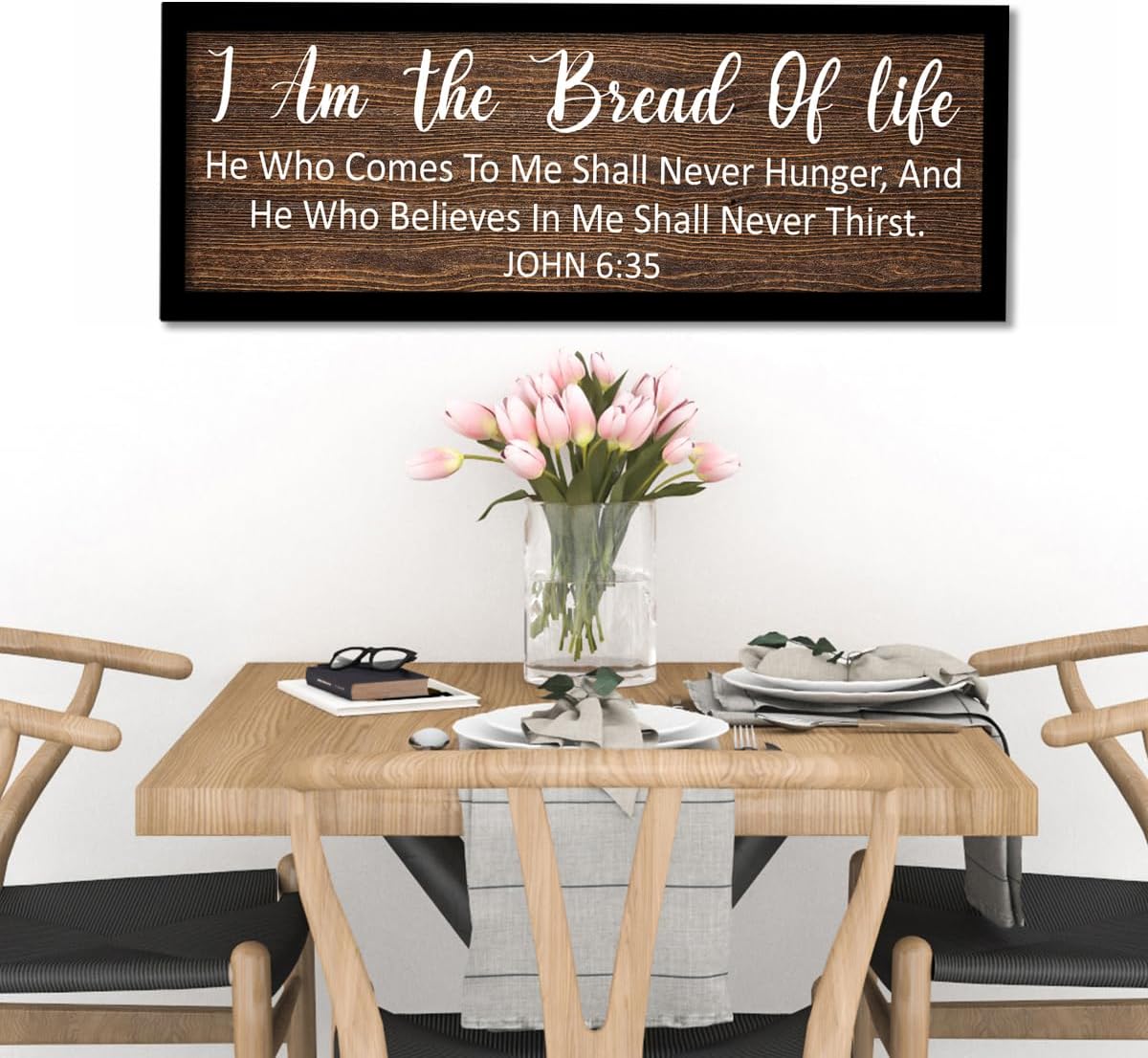 John 6:35 Wall Decor,I AM The Bread Of Life Sign Wall Art Print Framed Wooden,Rustic Christian Bible Verse Scripture Wall Art Decor for Christian Prayer Room Home