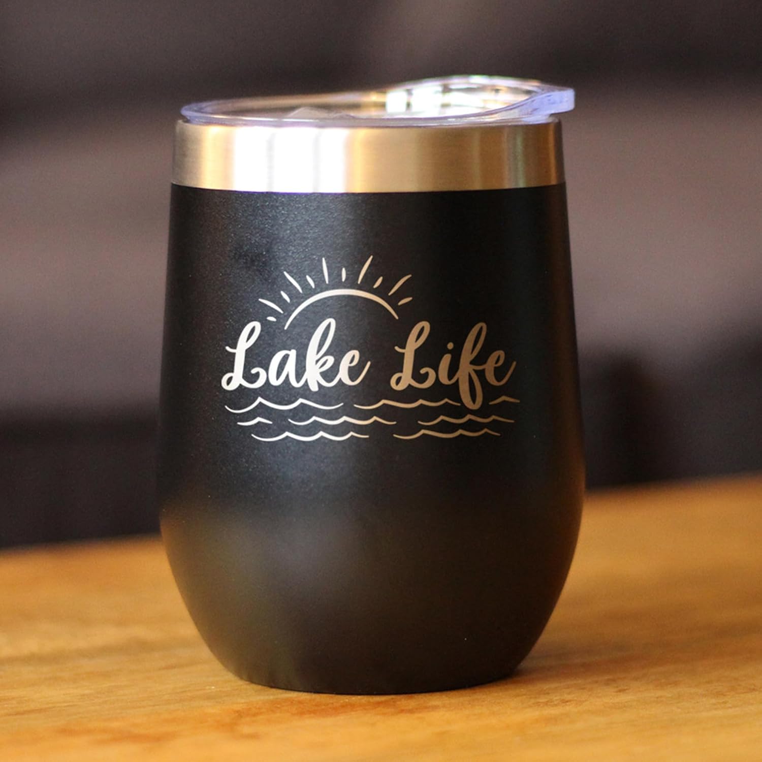 Custom Lake Life - Personalized Wine Tumbler with Sliding Lid - Stemless Stainless Steel Insulated Cup - Cute Outdoor Camping Mug