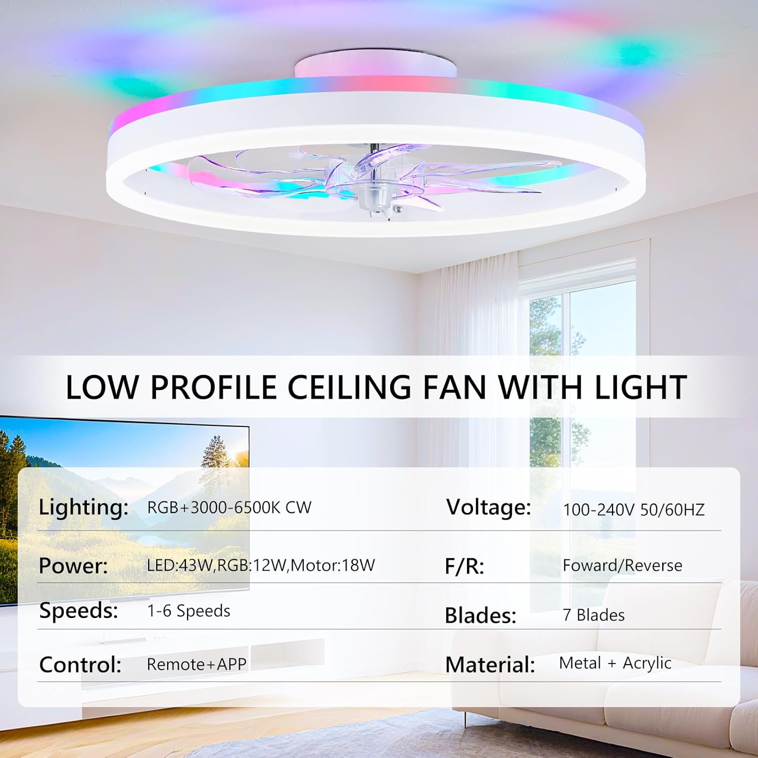 19.7" Ceiling Fans with Lights, Smart RGB Color Changing Low Profile Ceiling Fan, Modern Flush Mount Fandelier with Remote and APP, 6 Speeds, Quiet DC Motor, for Living Room, Bedroom, Indoor