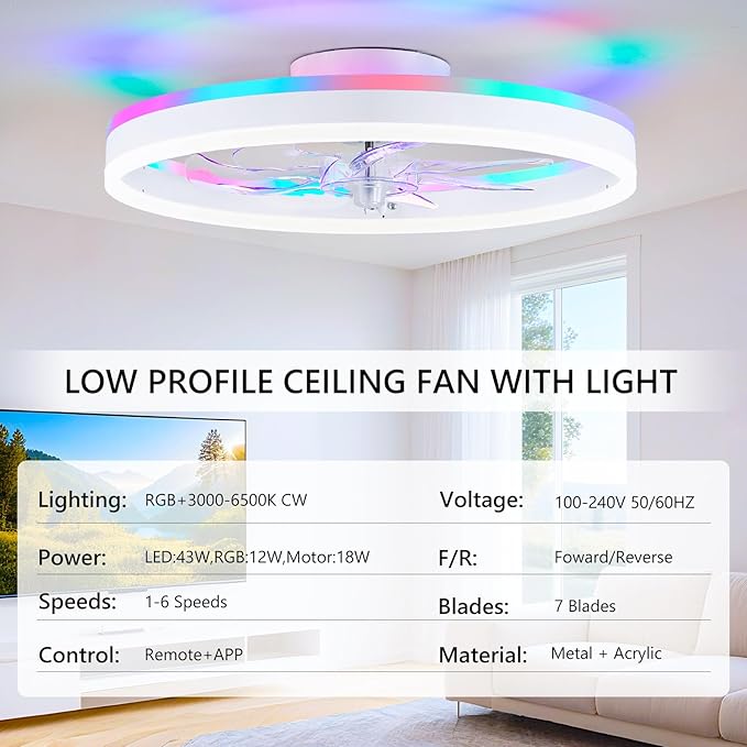 Ventilador de Techo 19.7 Pulgadas con Luz LED RGB y Control miniatura 5