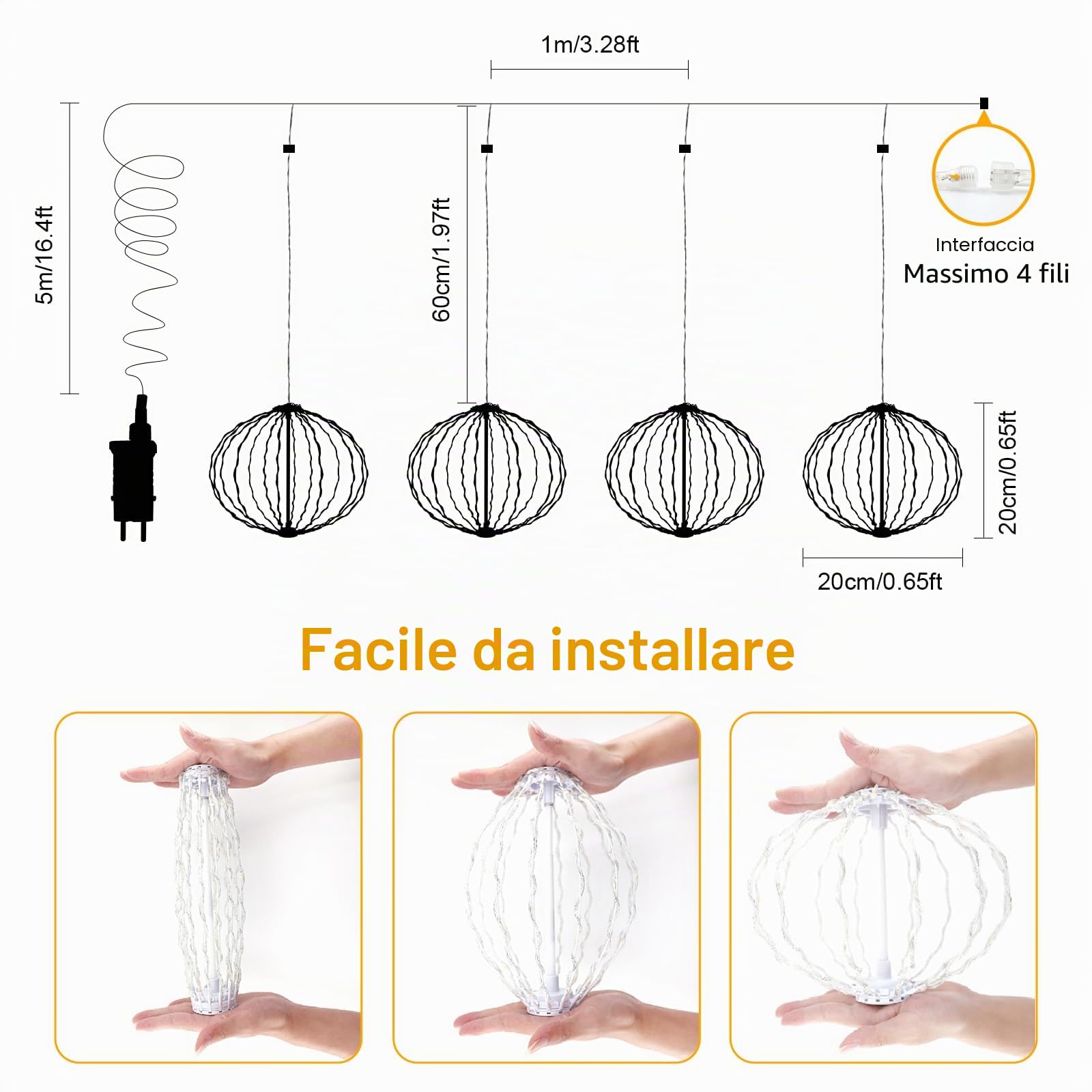 Auting Catena Luci Natale Sfere LED 4 Pezzi Timer 8 Modalità | Sfere sospese bianco caldo allungabili per grondaia balcone giardino e decorazione interna esterna
