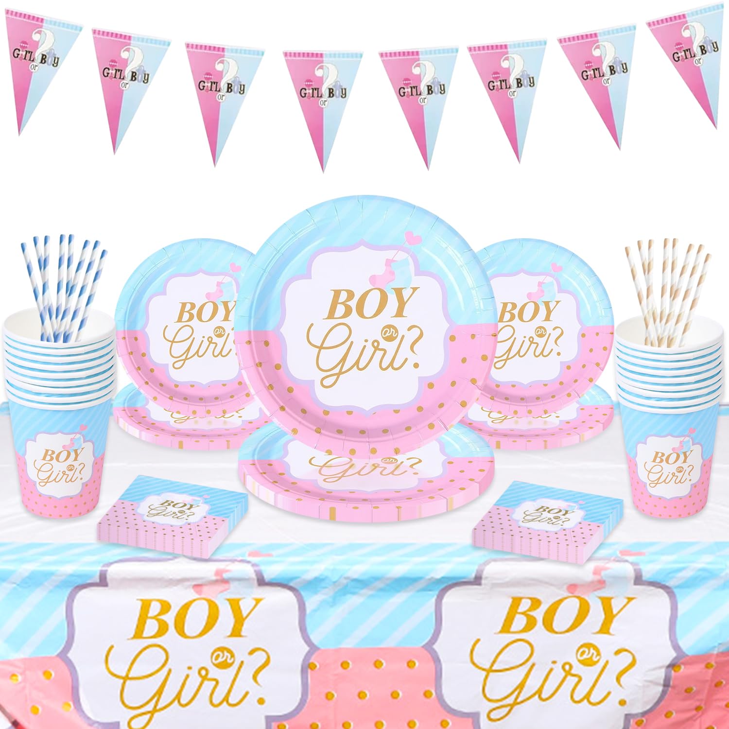 Baby Girl Baby Boy Gender Reveal Party Tableware Set, 98 PCS Gender Reveal Tableware Includes Plates Napkins Cups Rigid Tablecloth Banner for 16 Guests