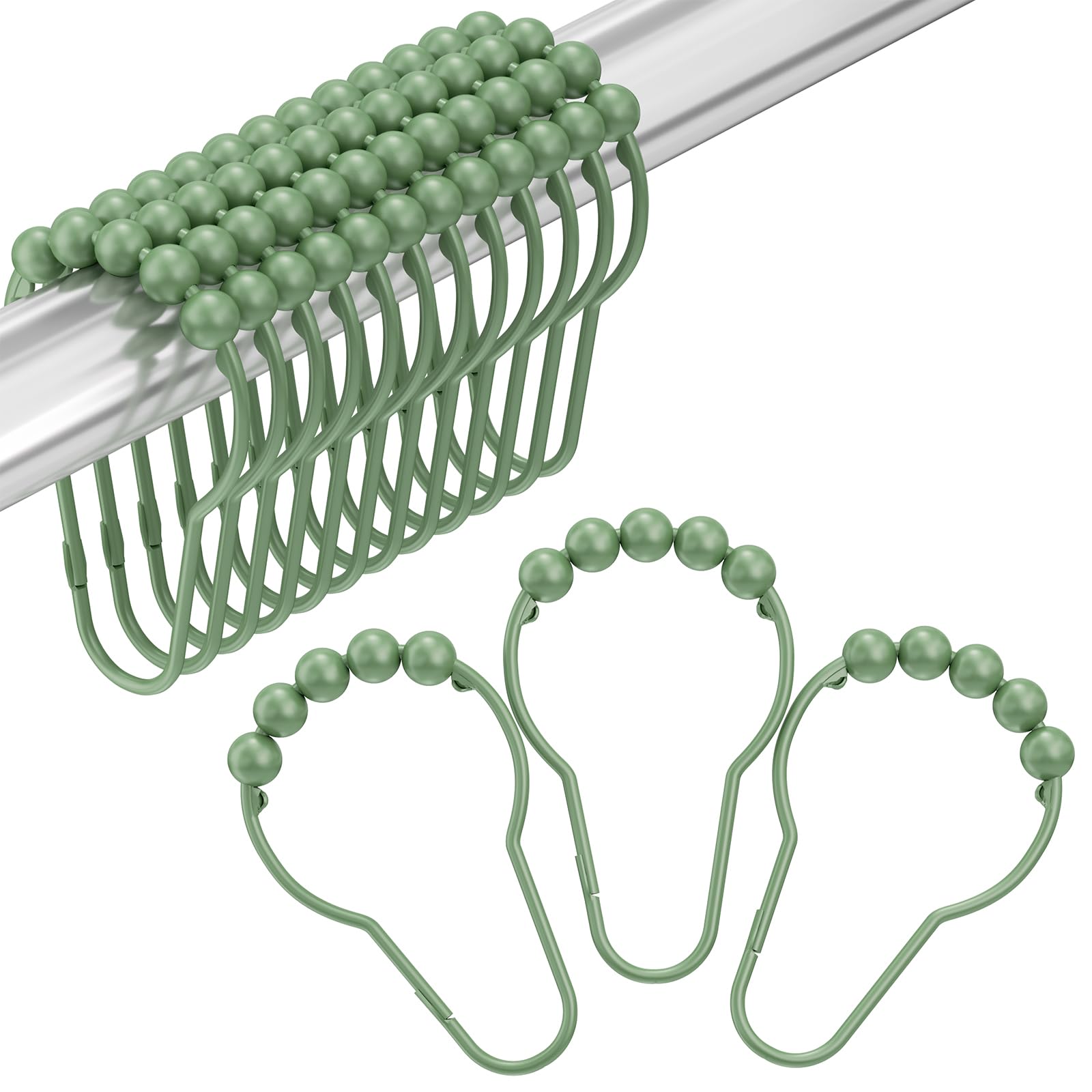 Amazer Shower Curtain Hooks, Decorative Shower Curtain Hooks, Sage Green Rustproof Stainless Steel Shower Hooks for Shower Curtain Liner Shower Rod Hook 12pcs