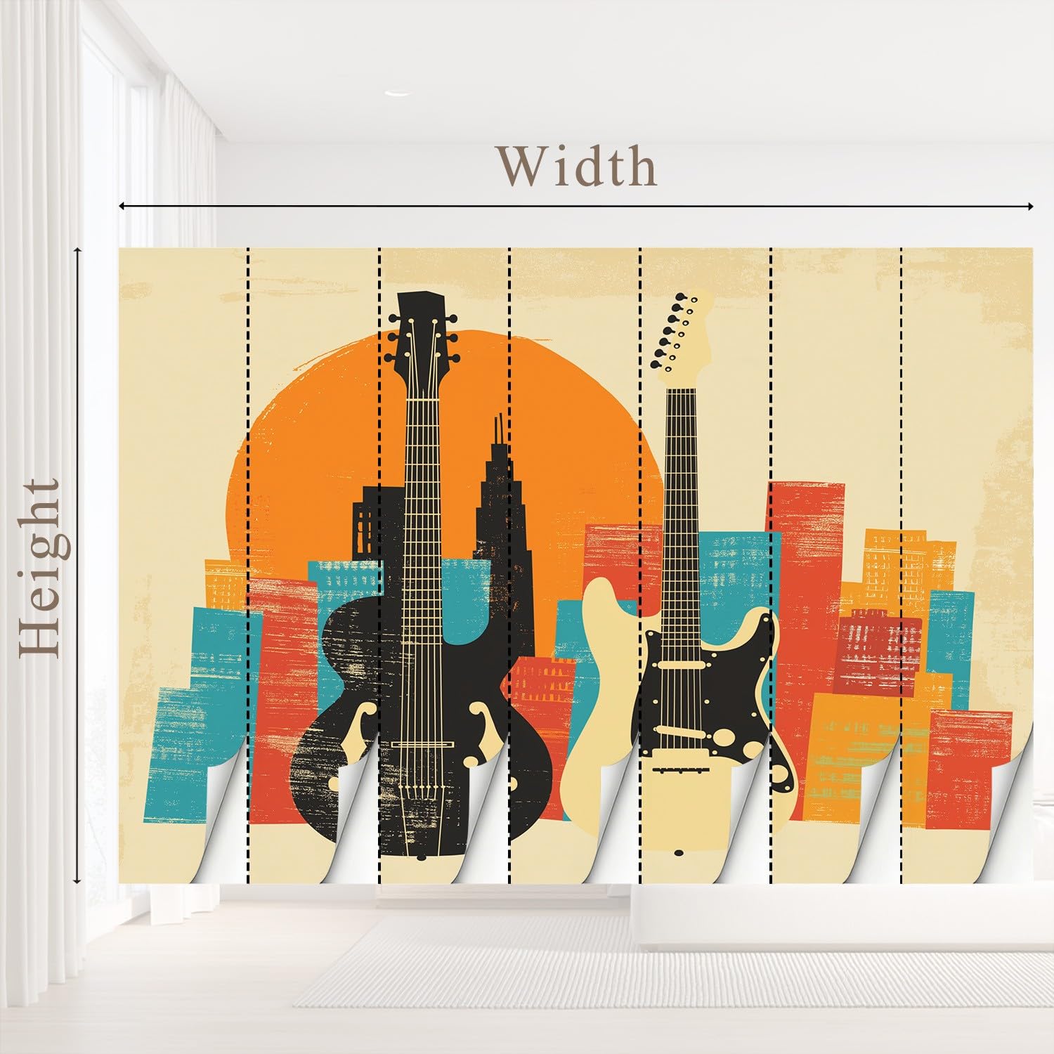 Tapeta geometryczna, vintage, ciepła - gitara, architektura, wzór miasta - tapeta na fizelinie dekoracja ścienna nowoczesna tapeta ścienna - tapeta z motywem - 300 x 210 cm