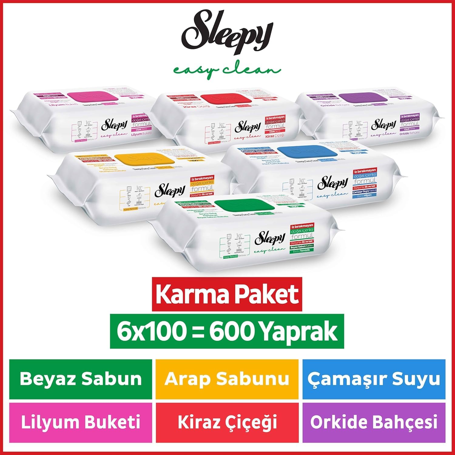 Sleepy Easy Clean Mix - Pack de 100 toallitas de limpieza para el hogar (1 lirio, 1 orquídea, 1 cereza, 1 azul, 1 verde, 1 amarillo