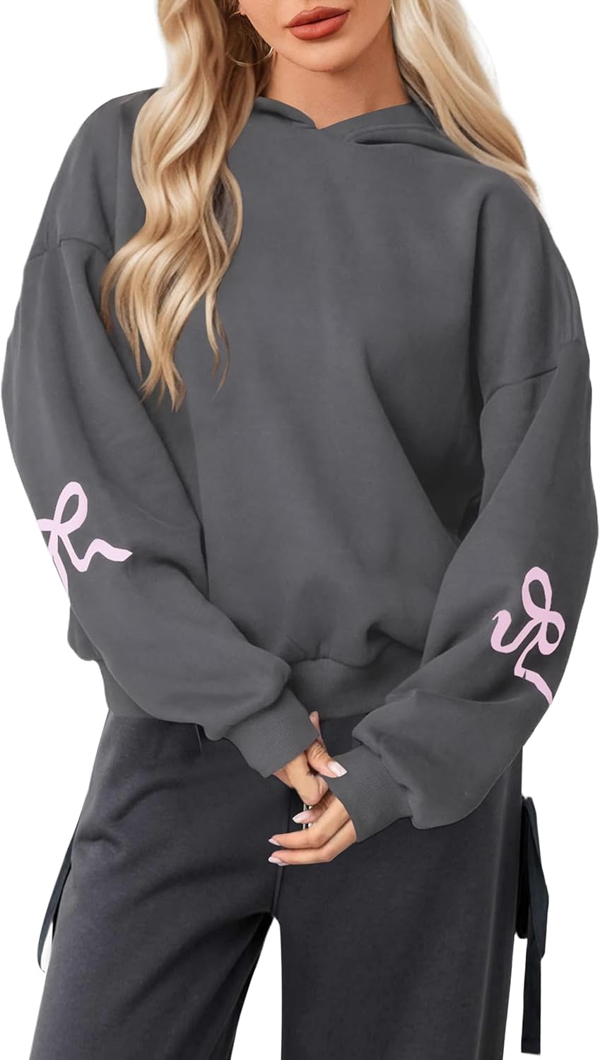 Livtany Women’s Bow Trim Print Fleeced Hoodies Oversized Long Sleeve Hooded Sweatshirts Graphic Drop Shoulder Pullover Top