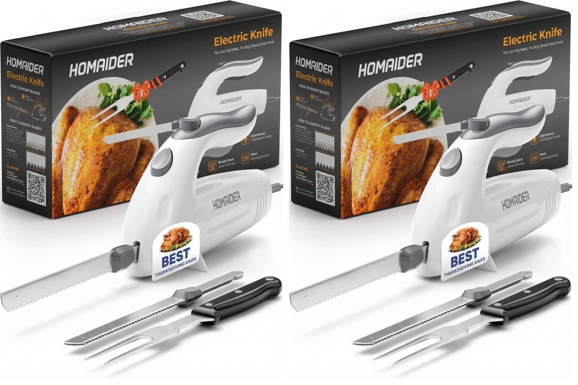 Homaider Electric Knife for Meat Slicing, Turkey, Carving Meat, Bread &amp; More | Ergonomic Handle + 2 Carving Reciprocating Stainless Steel Blades and Serving Fork Included, 6 Foot Cord (Pack of 2)