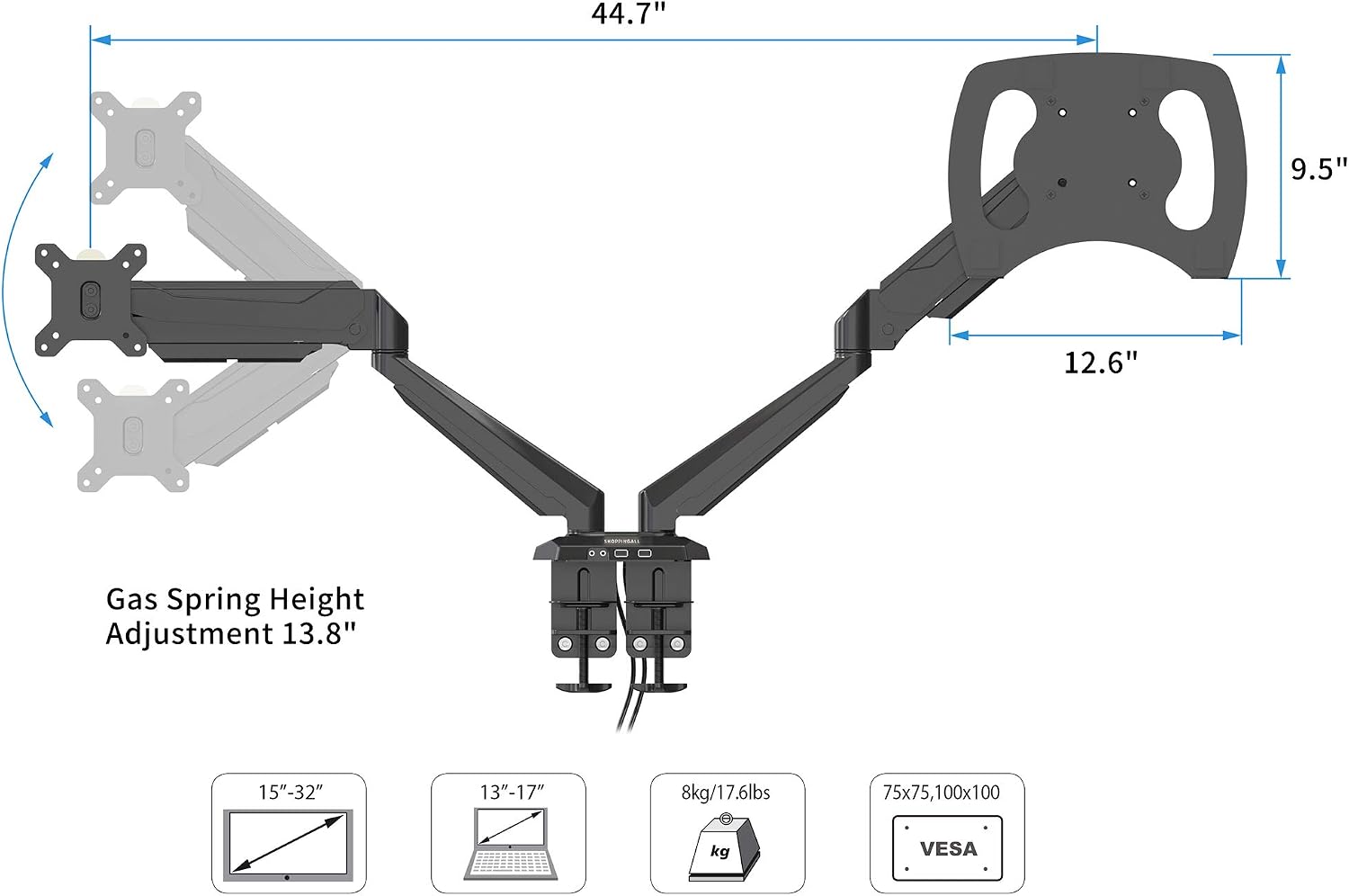 Detailed dimensions of the SHOPPINGALL monitor mount