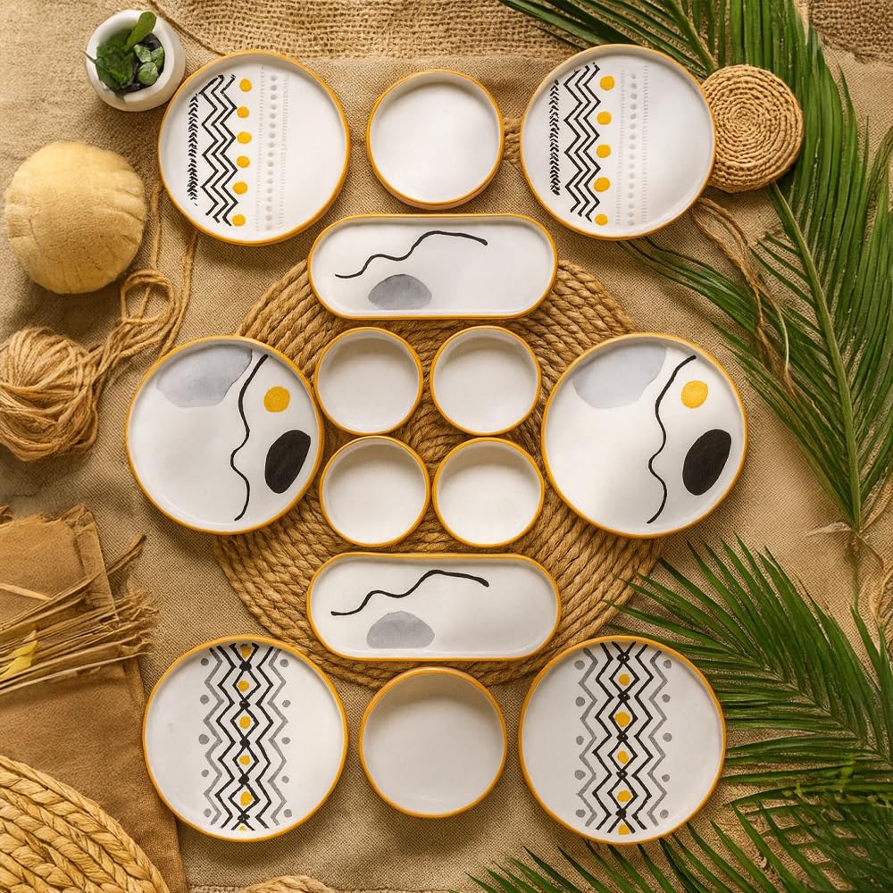 Ensemble de petit-déjeuner 14 pièces pour 6 personnes - Série Axial empilable - Vaisselle en céramique Kütahya faite à la main avec assiettes de service et bols - Passe au lave-vaisselle