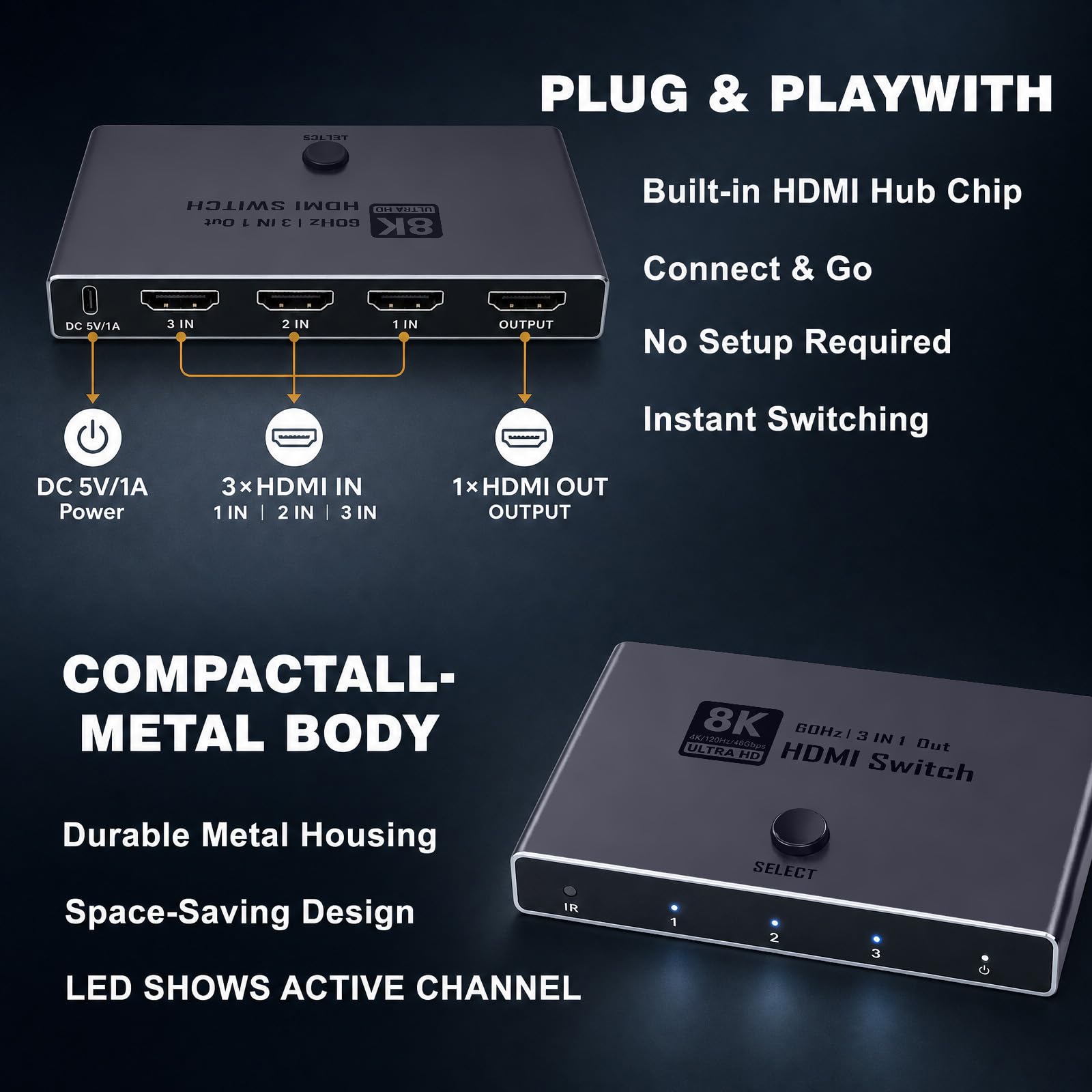 HDMI Switch 3 in 1 Out - 8K Aluminium HDMI Umschalter Verteiler mit IR-Fernbedienung unterstützt Dolby Vision 8K@60Hz 3D HDCP 2.3 Plug & Play für PC Laptop TV Beamer Projektor - Nur Spiegelmodus