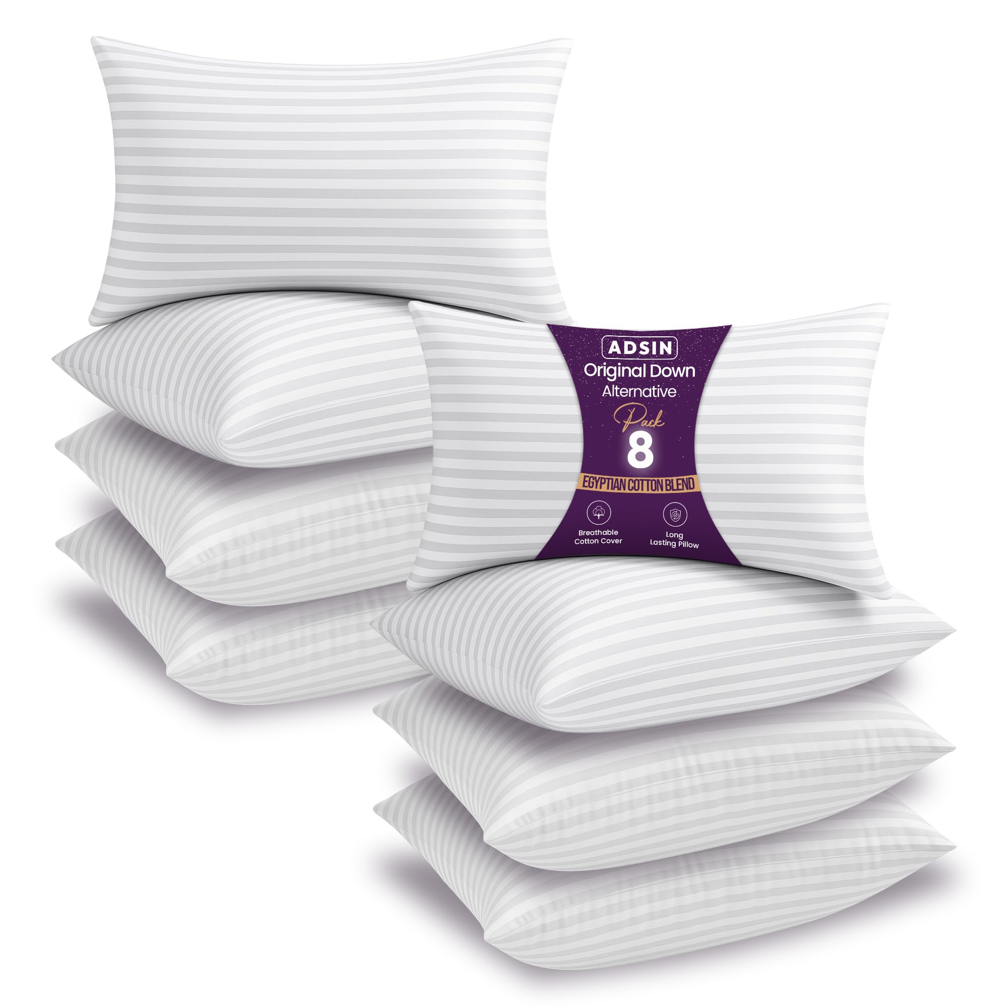 adsin New White Stripe Hotel Quality Bed Pillows Bounce Back Comfortable Suitable for Back and Side Sleepers Pillows (Firm, Pack of 8)