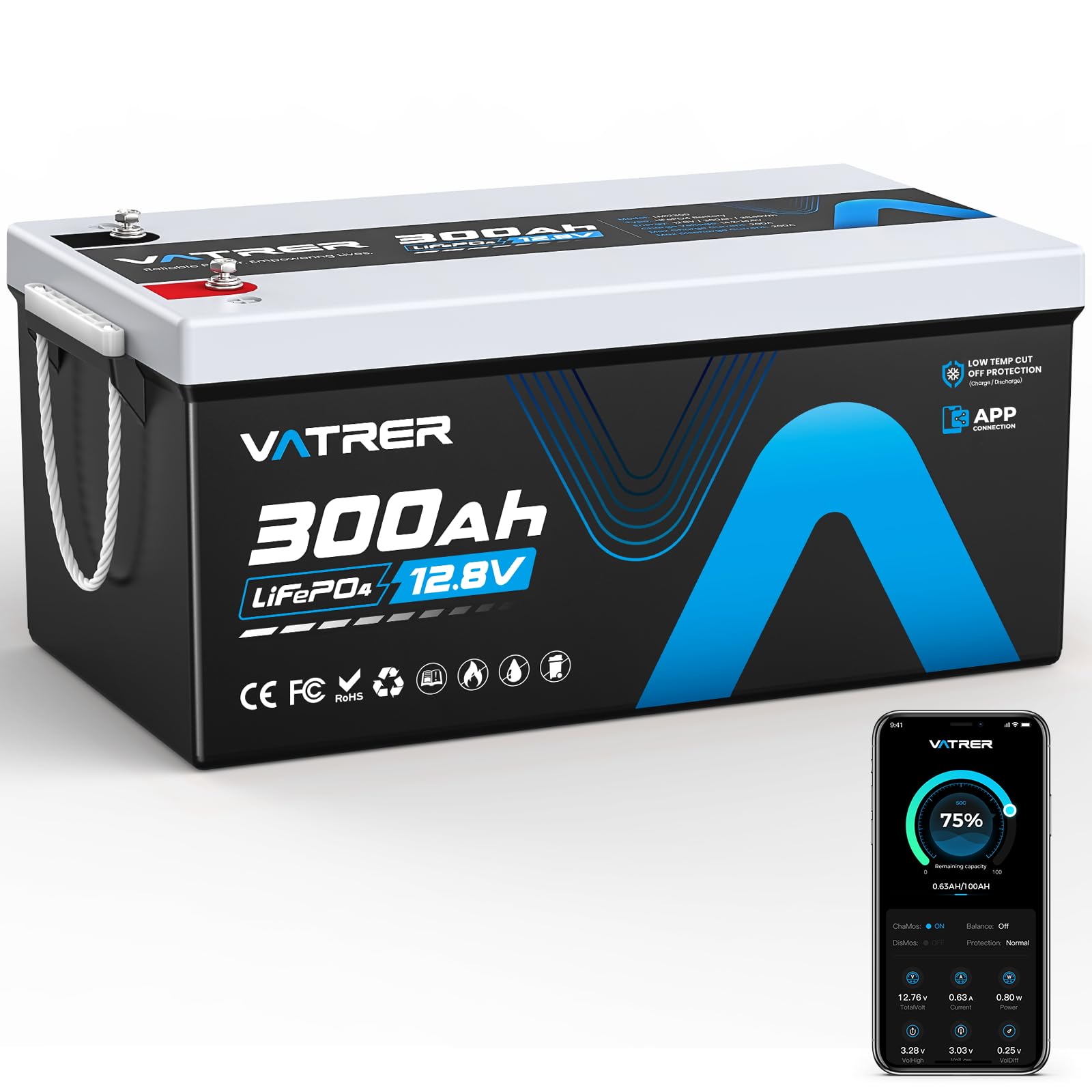 VATRER POWER LiFePO4 12V 300AH Bluetooth Lithium Batterie mit 200A BMS 5000 Zyklen Lithium Akku 3840W Abschaltschutz bei Niedriger Temperatur Perfekter für Wohnmobil, Solar & Off-Grid-Anwendungen