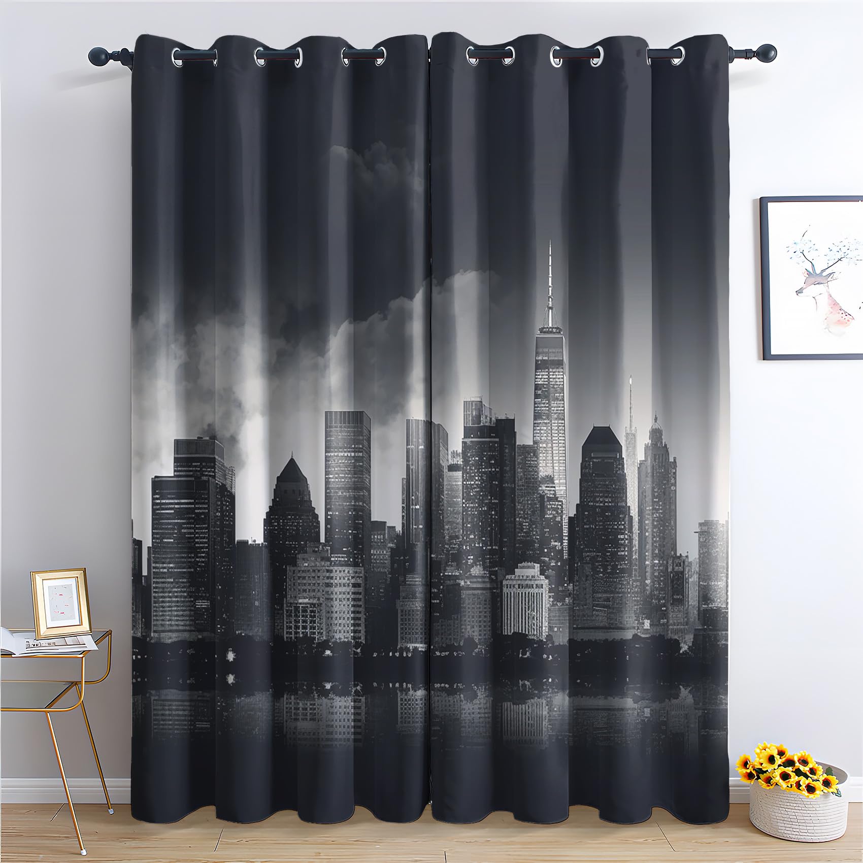 New York Vorhänge Stadt Skyline Stadtansicht Nacht Verdunklungsvorhänge, Vorhang Blickdicht Gardinen mit Ösen, Schlafzimmer Wohnzimmer Deko, Thermovorhang 2er Set H 160 X B 140 cm