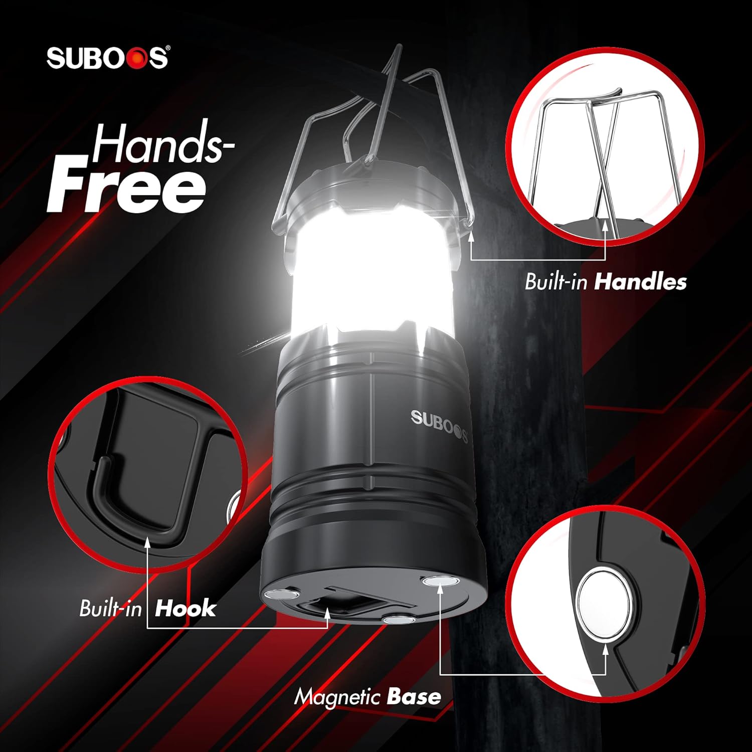 Close-up of the SUBOOS S360 lantern highlighting its built-in handles, foldable hook, and magnetic base.