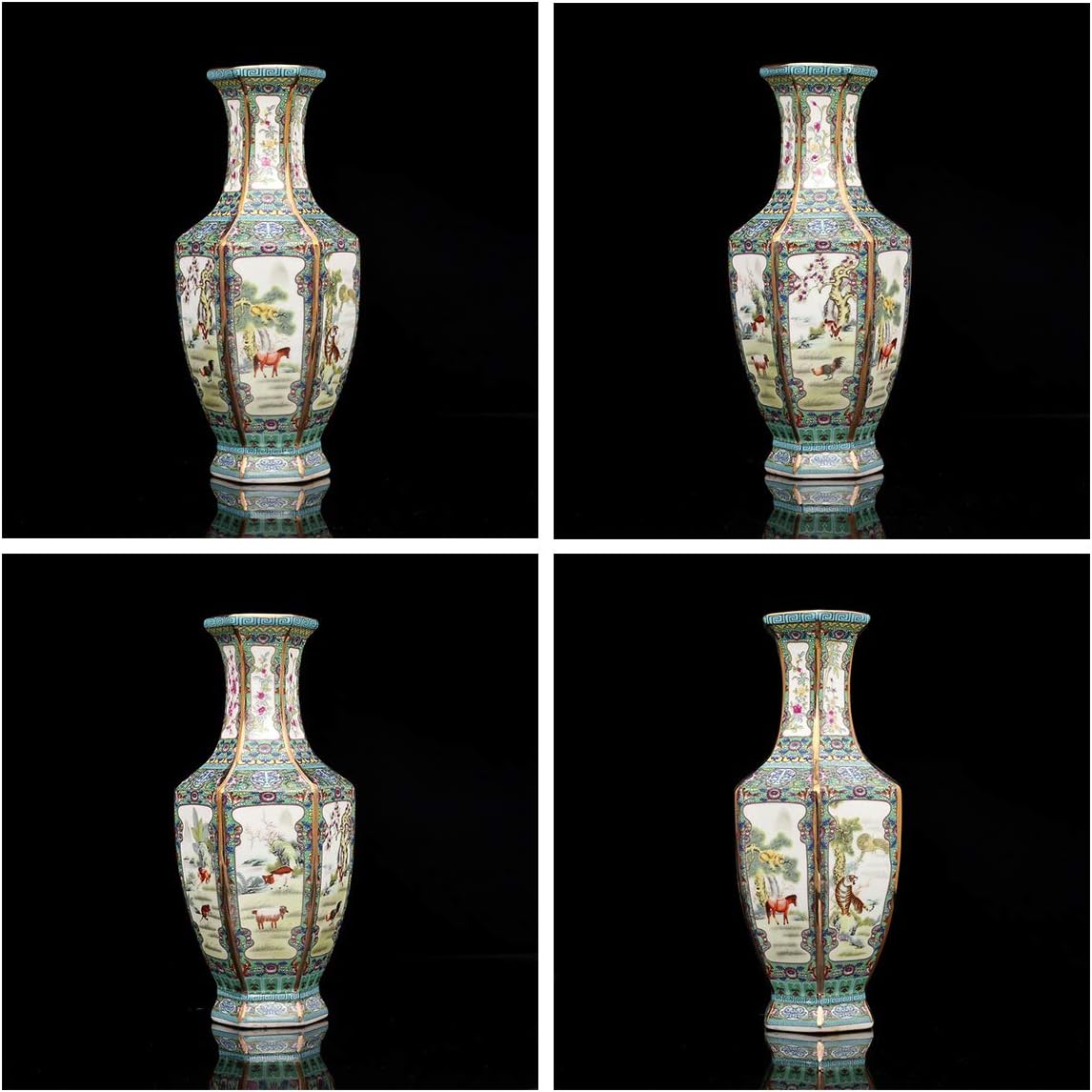 QueenBox® 11" Hexagon & Animals Ceramics Plant Vases, Chinese Painting Landscape Flower Vase Ornaments Traditional Porcelain Table Vase