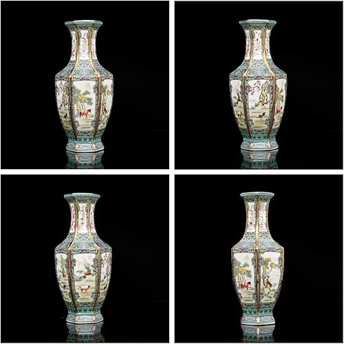 Miniatura 3 de QueenBox Jarrones de planta de cerámica hexagonal y animales, pintura china, florero de flores de paisaje, adornos tradicionales de porcelana