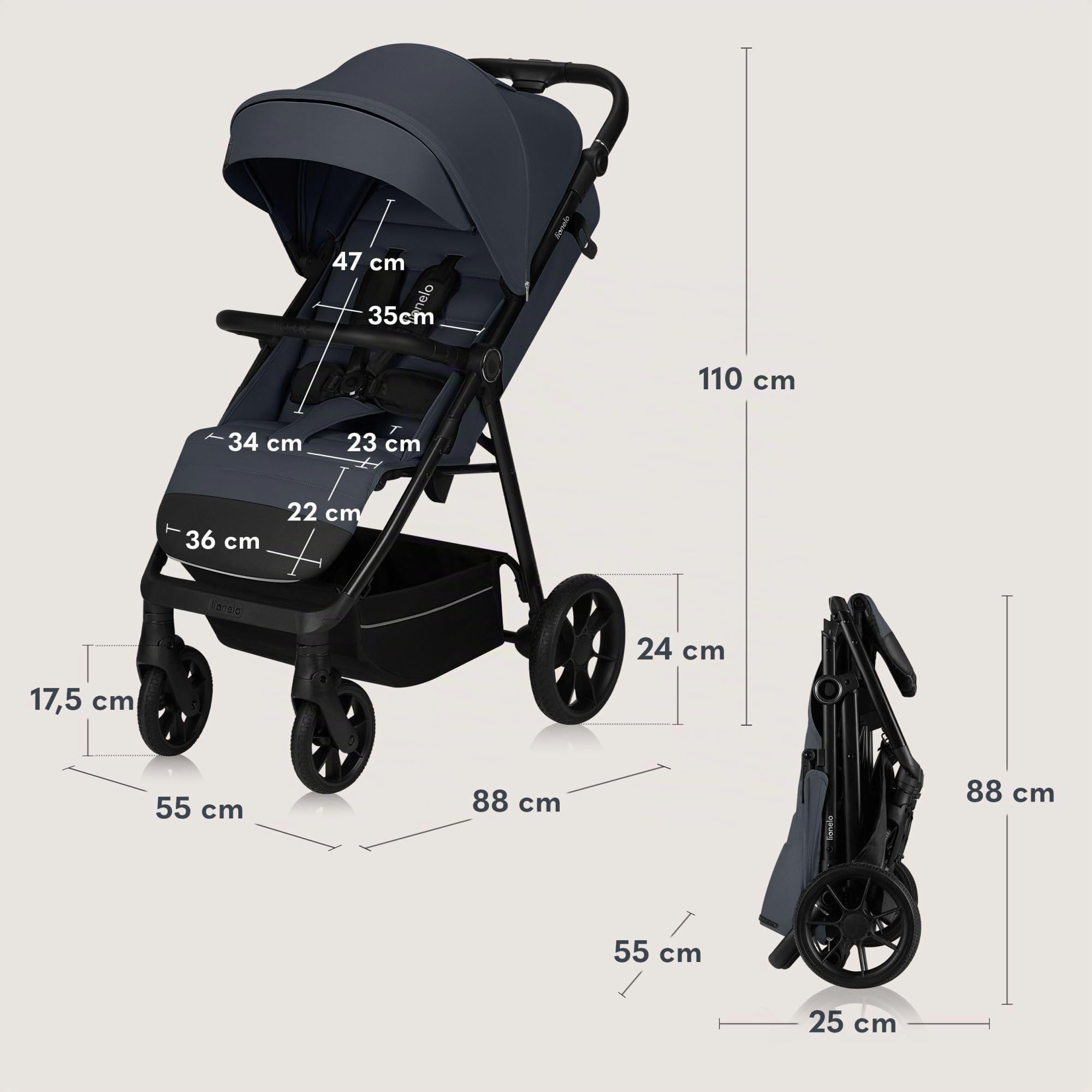 LIONELO IVA Buggy bis 22 kg 6 Monate bis 4 Jahre 360° Schwenkräder Stoßdämpfung verstellbare Rückenlehne Verdeck UPF50+ Premium Stoff
