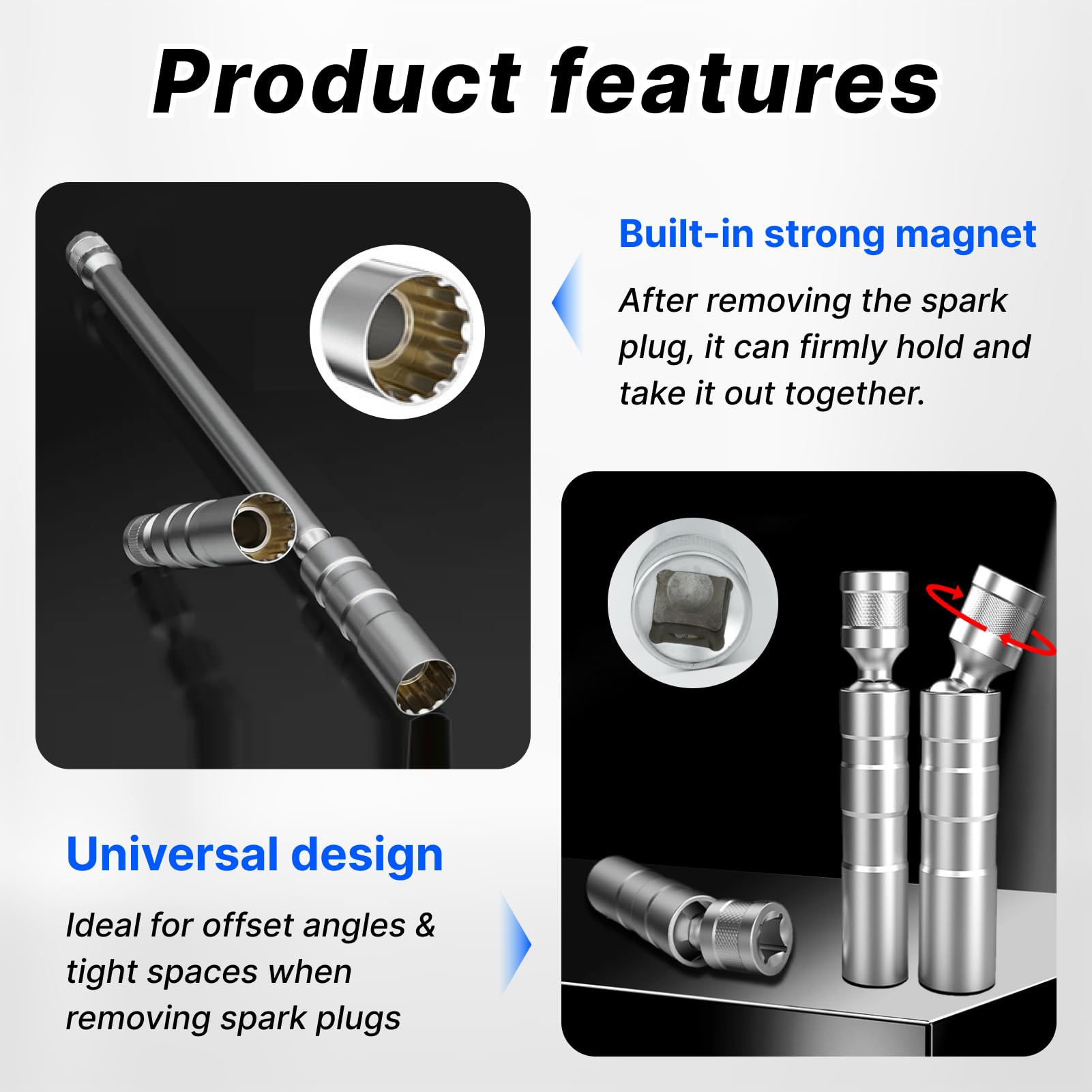 RowGlow llave de bujías 14 mm 3/8" 12 caras larga 293 mm, llave bujias larga 14 mm 12 caras 3/8" para automóviles, acero al cromo-vanadio (14cm) — view 5