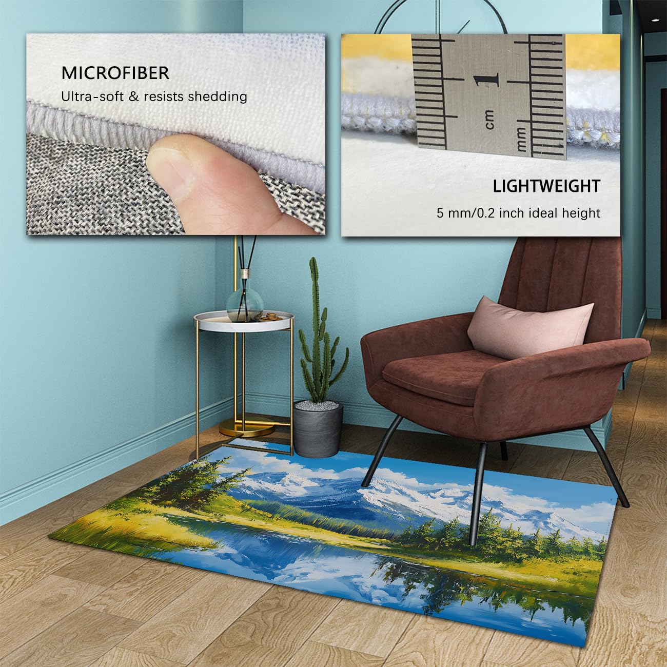 Mountain Forest Teppich fürs Wohnzimmer Aquarell Frühlingslandschaft Waschbare Fläche Teppiche Blau weich dünn großer Teppich für Schlafzimmer Bauernhaus 90x120cm