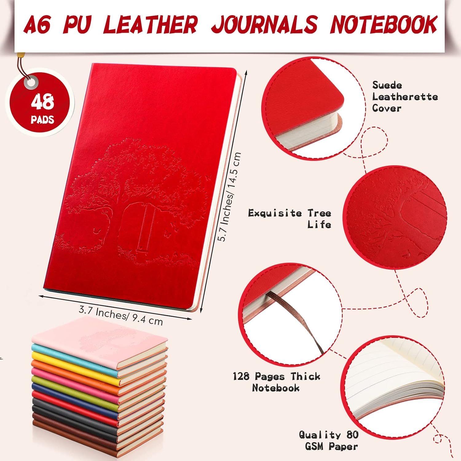 TaoBary 48 Pcs Pu Leather Journals Notebook Bulk Colorful Tree Life Lined Journal Notebook Soft Pu Leather Cover Ruled Writing Notebook for Writing School Office Home 128 Pages (3.7 x 5.7 Inch)