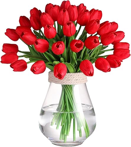 30 tulipanes de látex falsos, flores artificiales, tallos de tulipanes sintéticos, tulipanes de tacto real para boda, fiesta, decoración del hogar