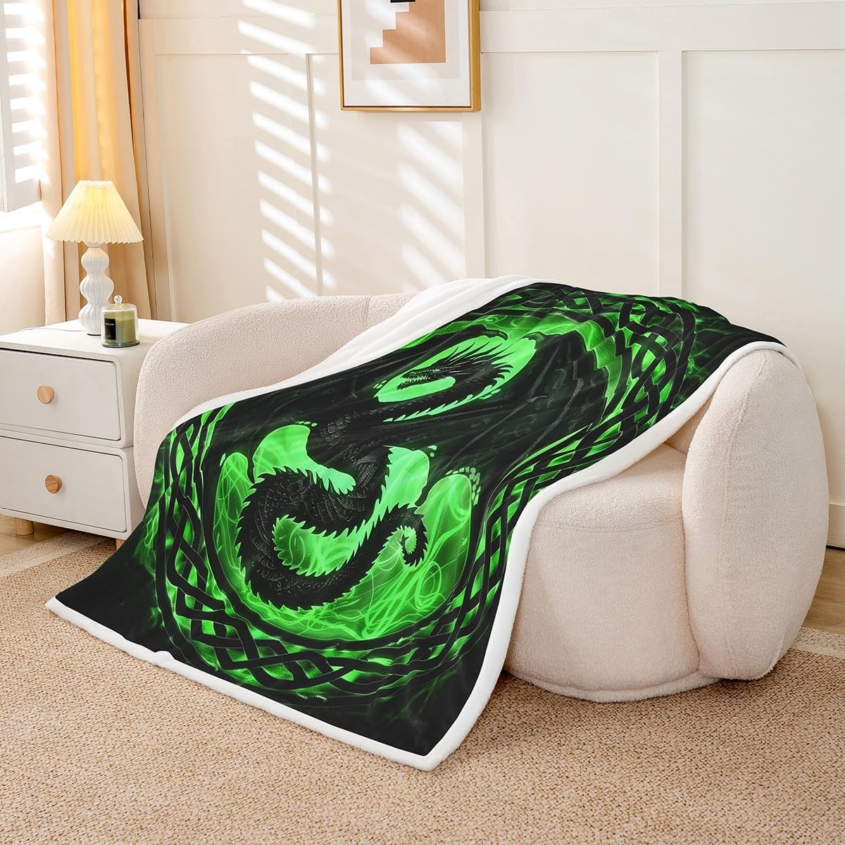 Erosebridal Wildlife Dragon Fleece Blanket Queen 90"X90",Exotic Dragon Green Sherpa Blanket Dreamy Dragon Throw Blanket Magical Wild Animal Plush Bed Blanket for Kids Boys Girls Bed