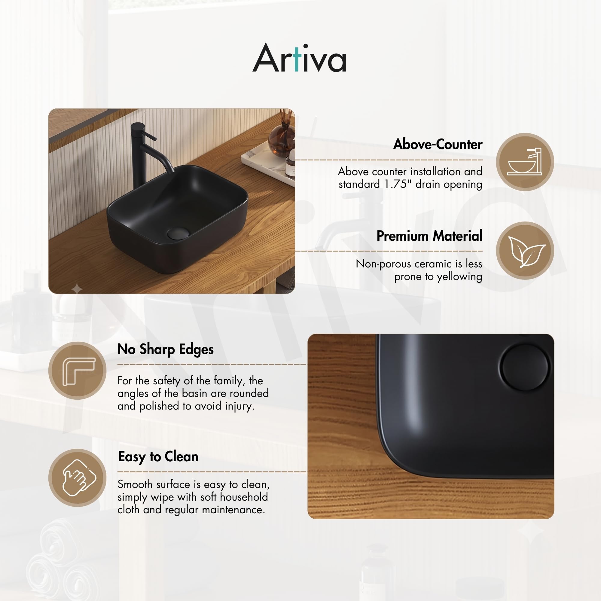 Artiva Black Ceramic Wash Basin - Rectangle Sink -8 Artiva Black Ceramic Wash Basin - Rectangle Sink -8