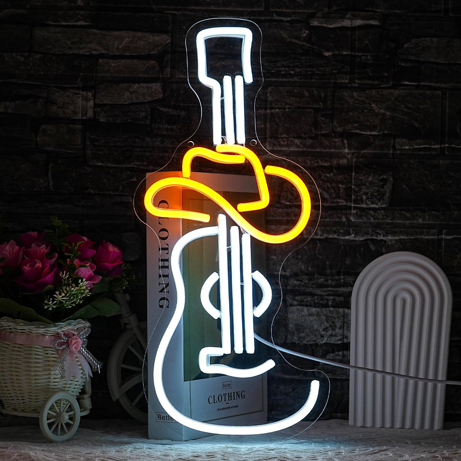LULANMP Guitar Neon Sign, Cowboy Hat Design, 16.9" x 7.4", Plastic, Art, Indoor, Wall Mount, DC Power Supply