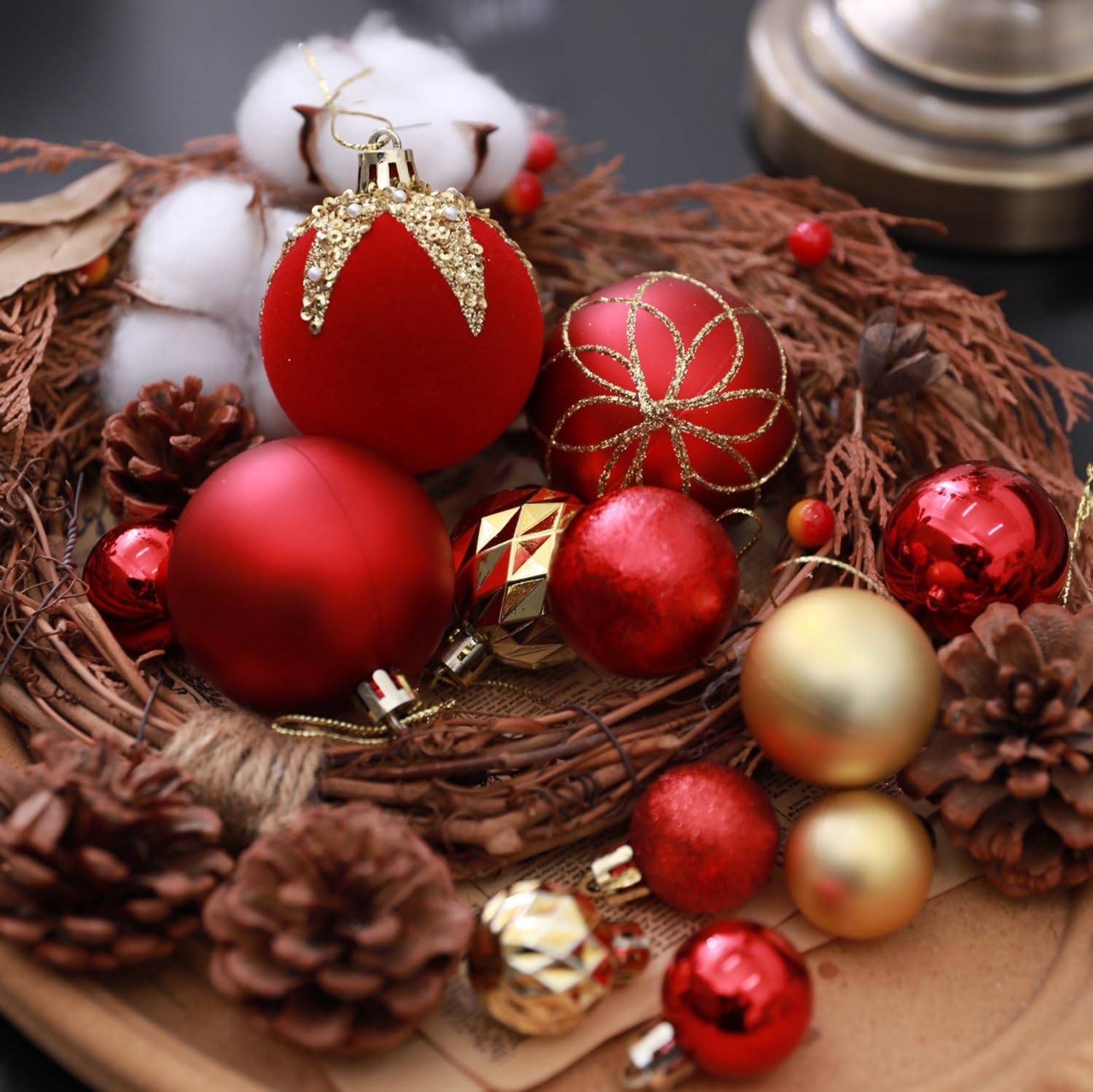 Deluxe Red & Gold Christmas Bundle6ft Prelit Xmas Tree (150 Warm LEDs, 340 PE Tips, Metal Stand) + 150ct Xmas-Themed Ornaments.Fit for Xmas HomeOffice Holiday, Party Venue