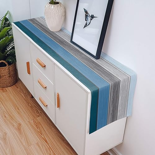 Miniatura 113 de Camino de mesa de algodón y lino estilo granja rústico retro, textura de madera de granero, color degradado marrón y gris, antideslizante,