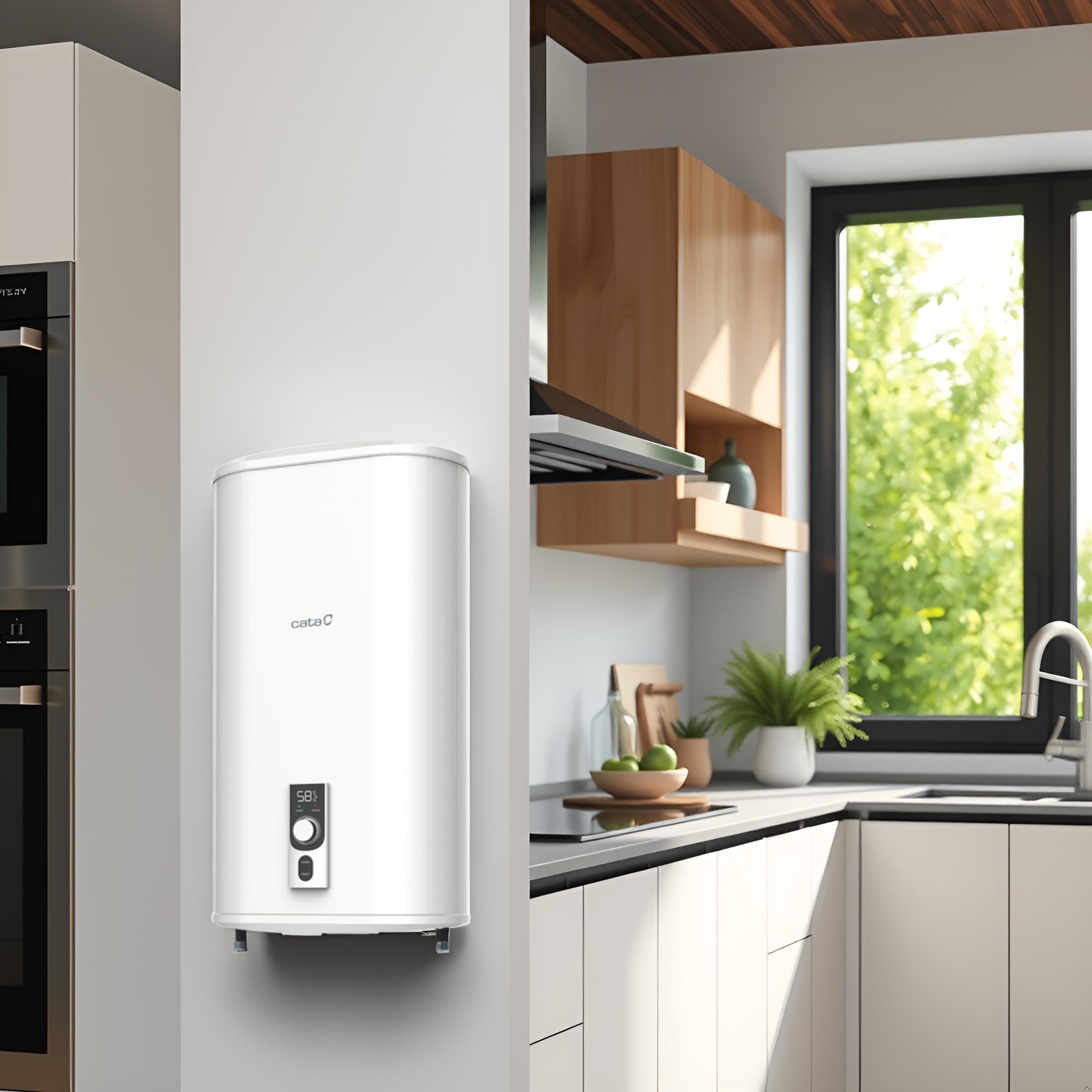 Cata Termo Eléctrico Reversible CTRS-50 E-REV SLIM Capacidad de 46L Doble Tanque Protección Super aislamiento Indicador Anti-hielo Potencia 2.000W Display Digital Color Blanco