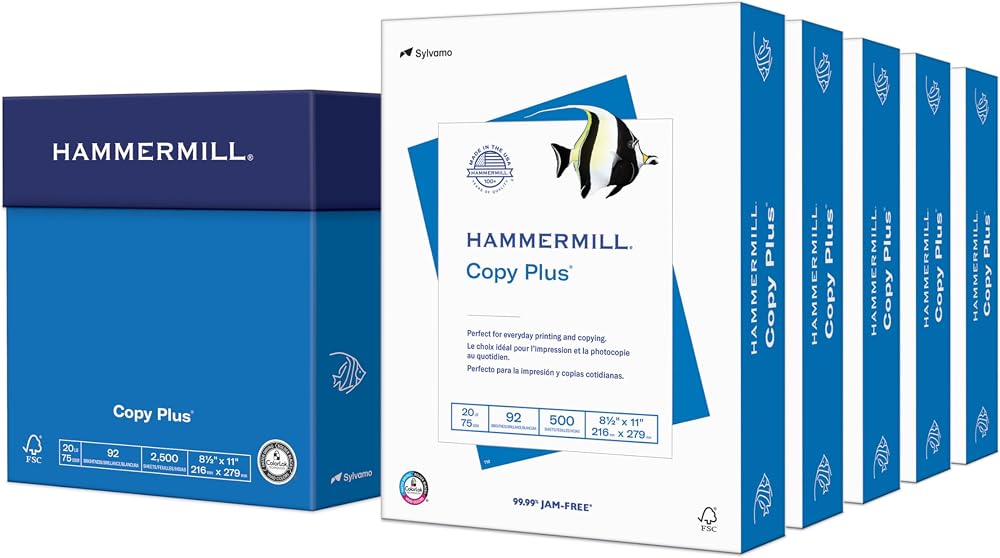 Papel para impresora, Copy Plus de 20 lb, resma de 8,5 x 11-5 (2500 hojas), 92 brillantes