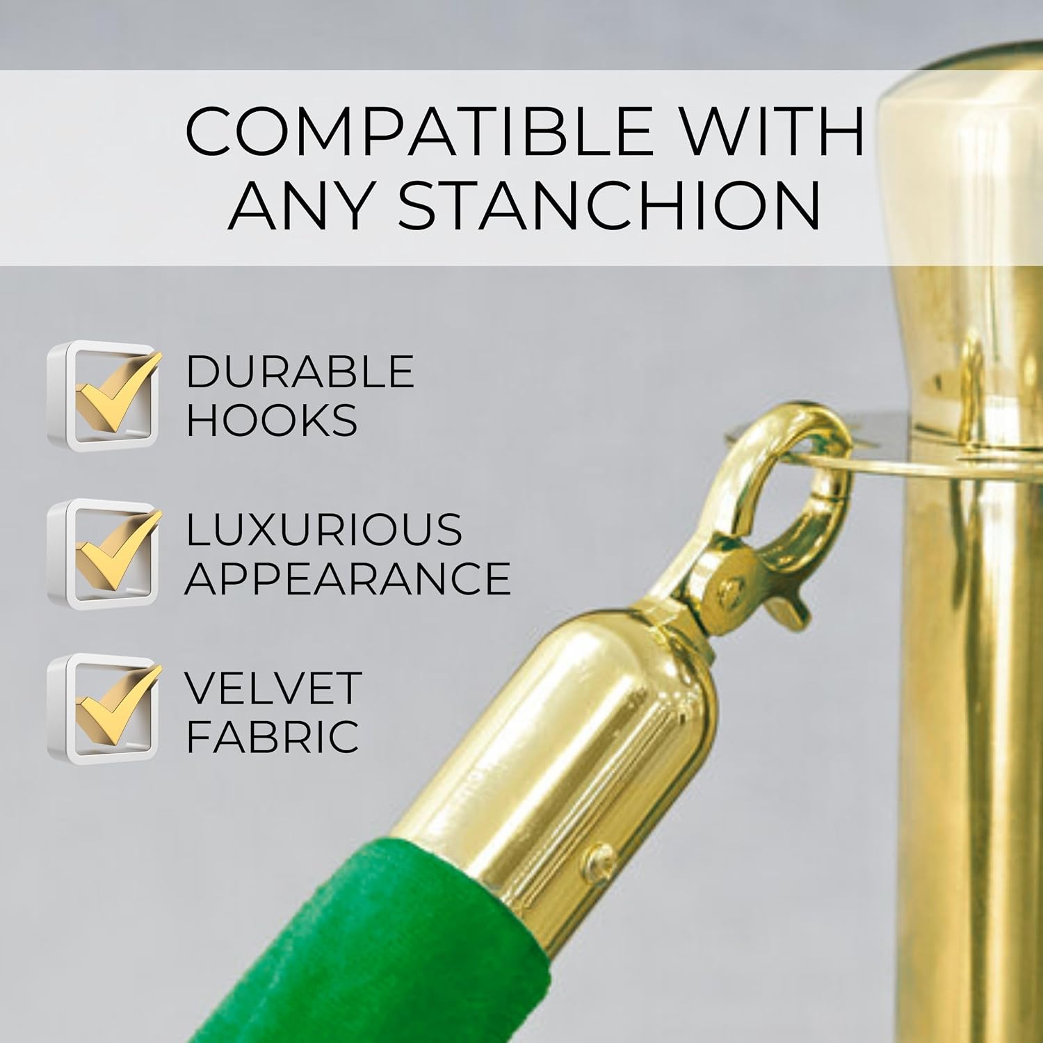 4 PСS Station Set for Parties - Green Velvet VIP Ropes for Hotel Lobby Rope Stations for Posts Queue and Special Events Twisted Ropes for Stands with Snap Hooks