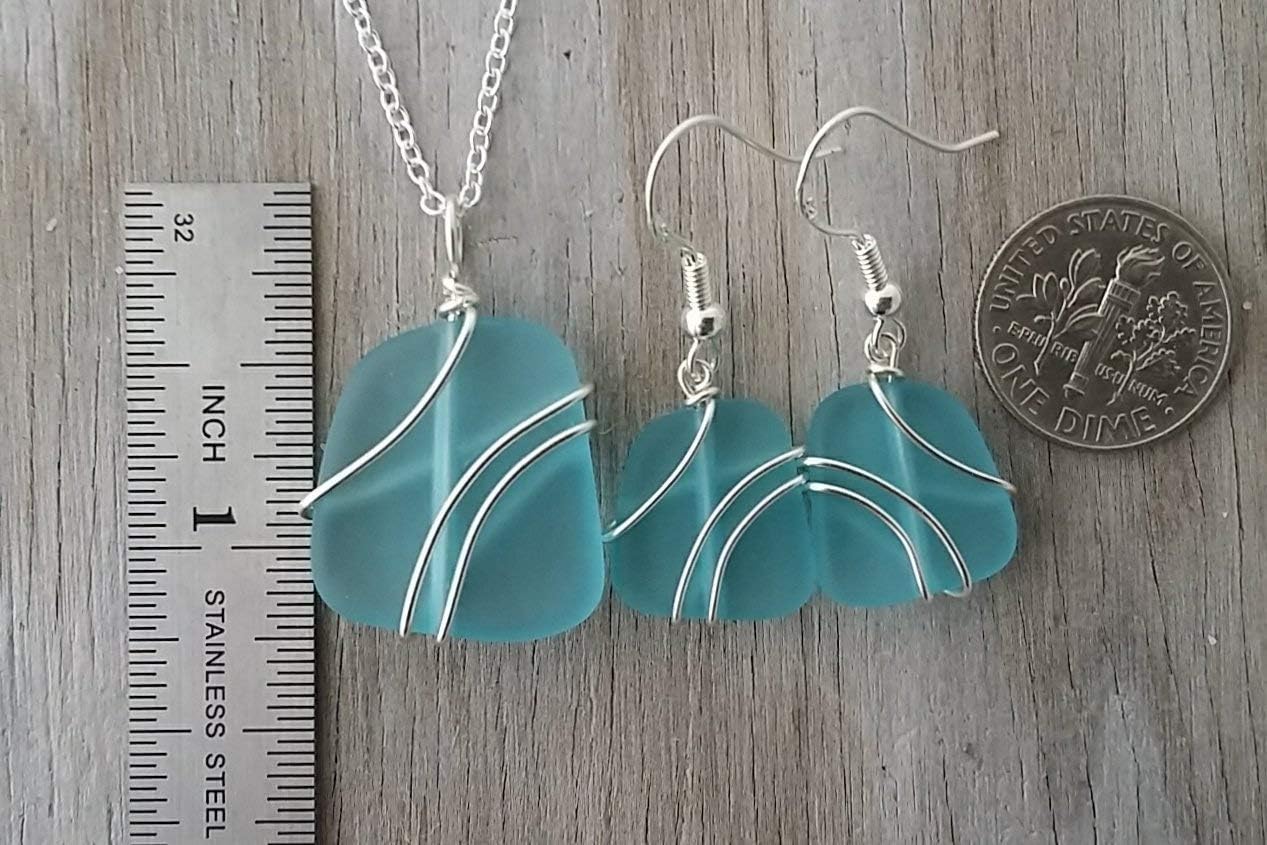 yinahawaii Handmade wire wrapped blue sea glass Necklace+Earrings Set, (Hawaii Gift Wrapped, Customizable Gift Message)