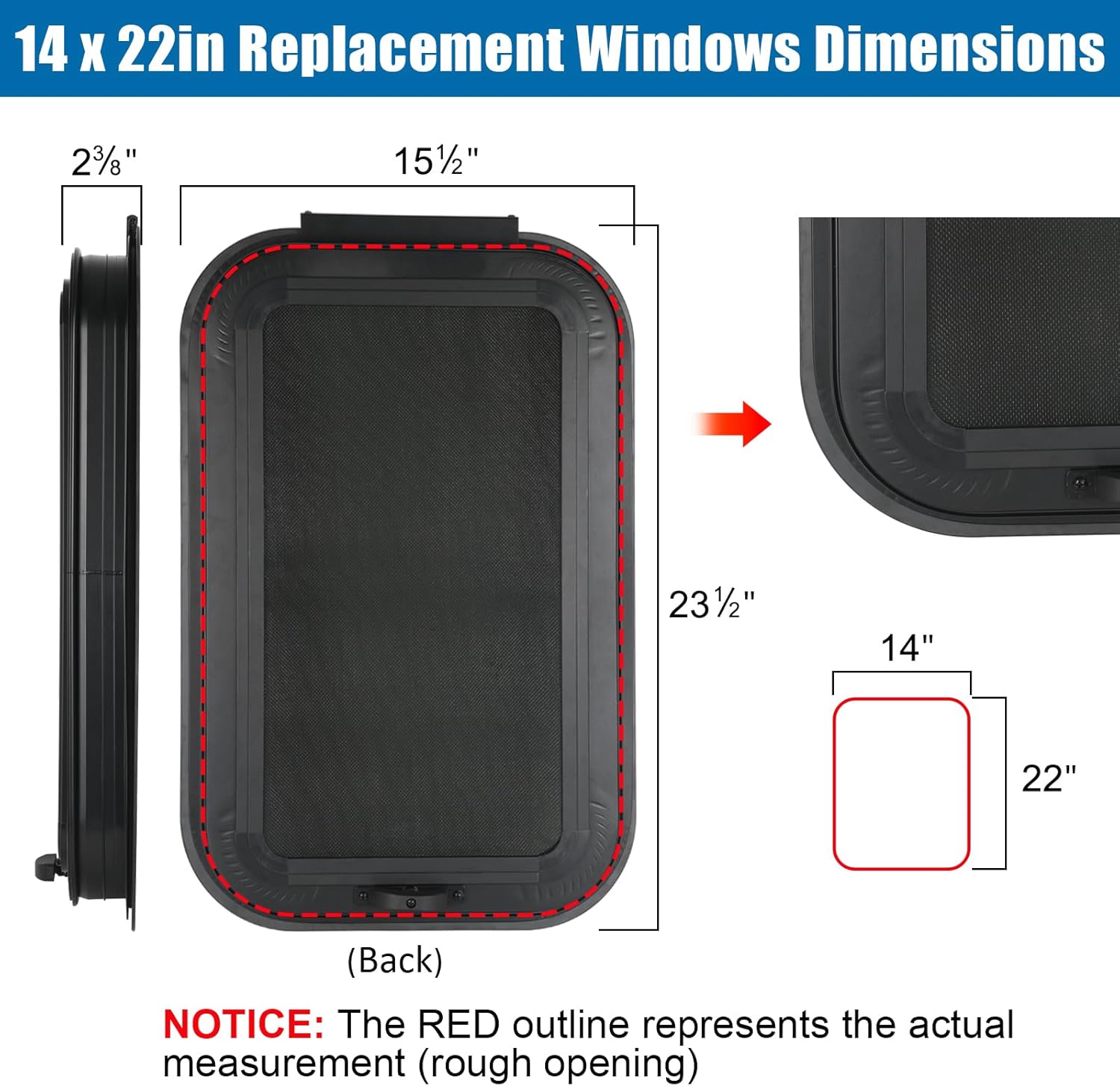 Frameless RV Window, 14" W x 22" H Tinted RV Window with Net Screen and Trim Ring, Suitable for 1-1/2" or 1-7/8" Walls, DOT Approved